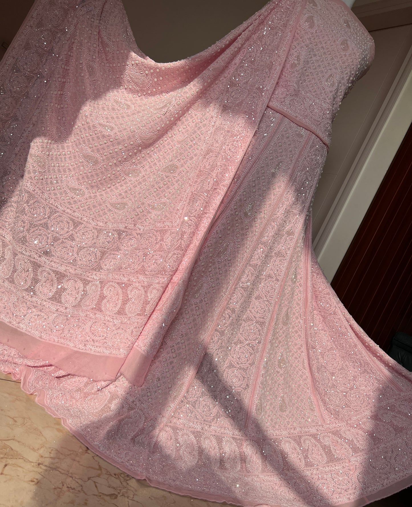 Ruhani Pink Chikankari Pearl Cut Dana Sequins Wedding Lehenga