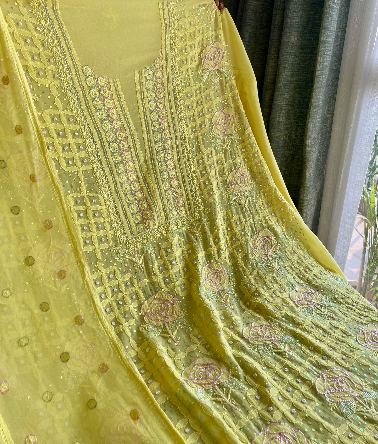 Ruhani Bright Yellow Chikankari pearl cut dana Kurta and Dupatta