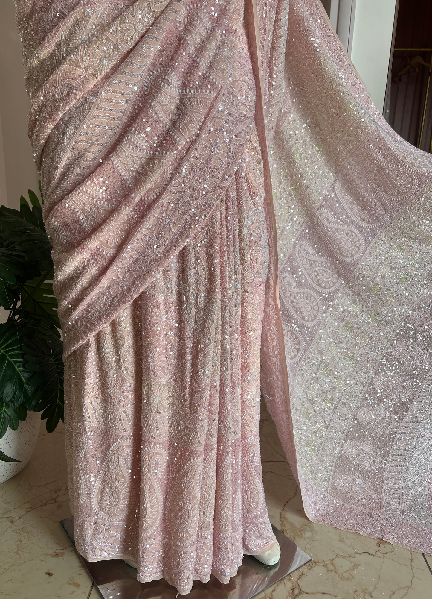 Ruhani Blush Pink Chikankari Multi Cut Dana and Sequins Saree