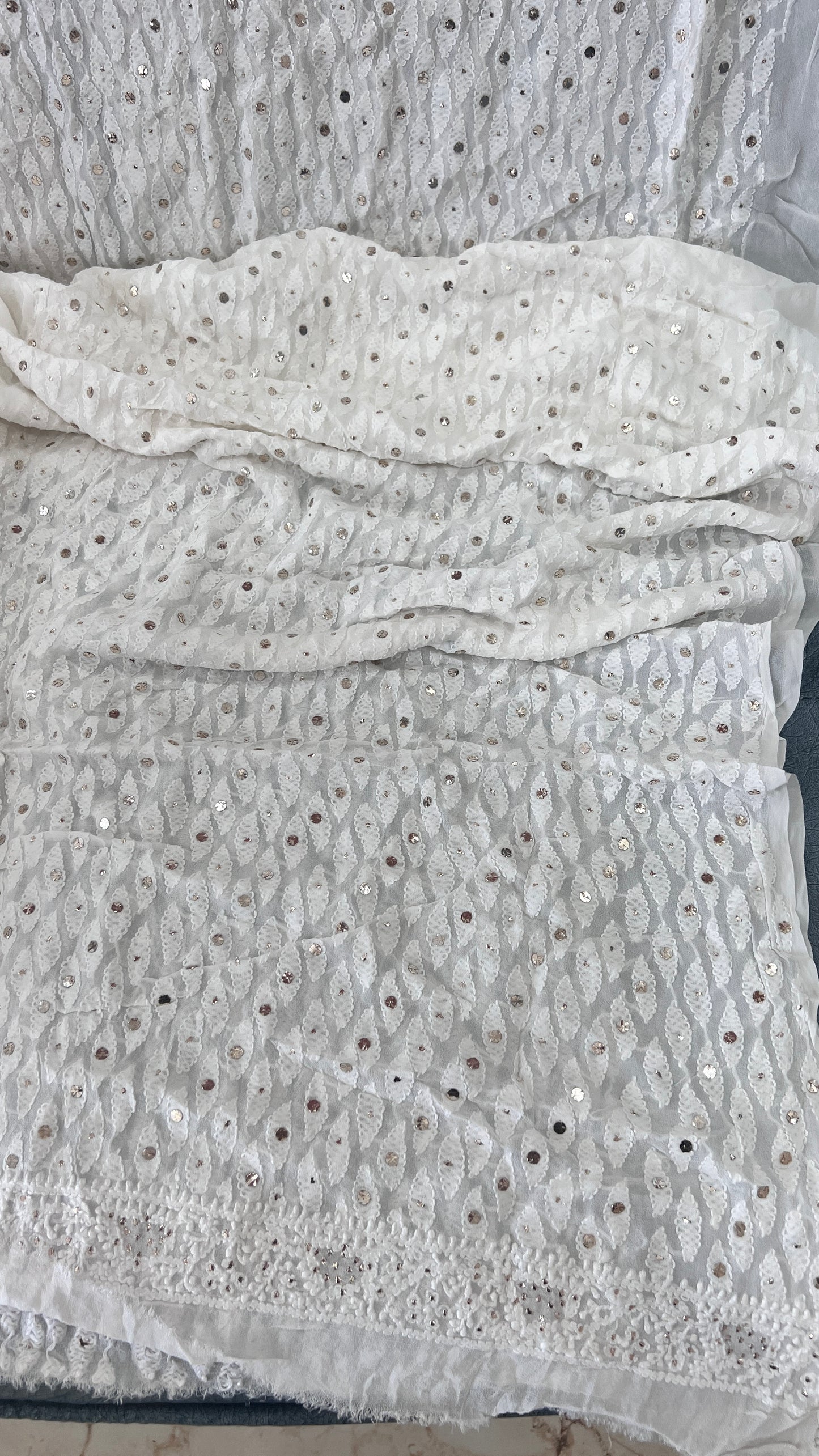 White Allover Chikankari and Mukaish Men's Kurta Fabric