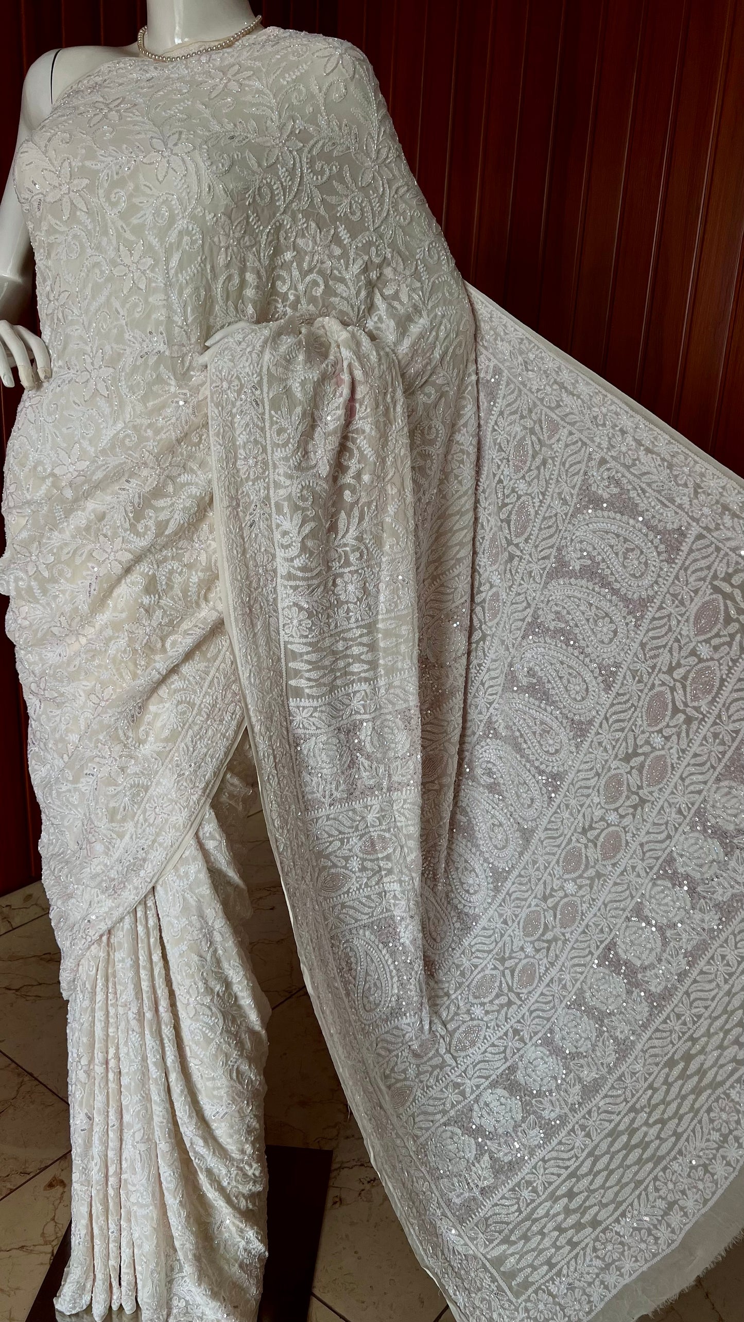 Ruhani Ivory Chikankari Cut Dana and Sequins Masterpiece Saree