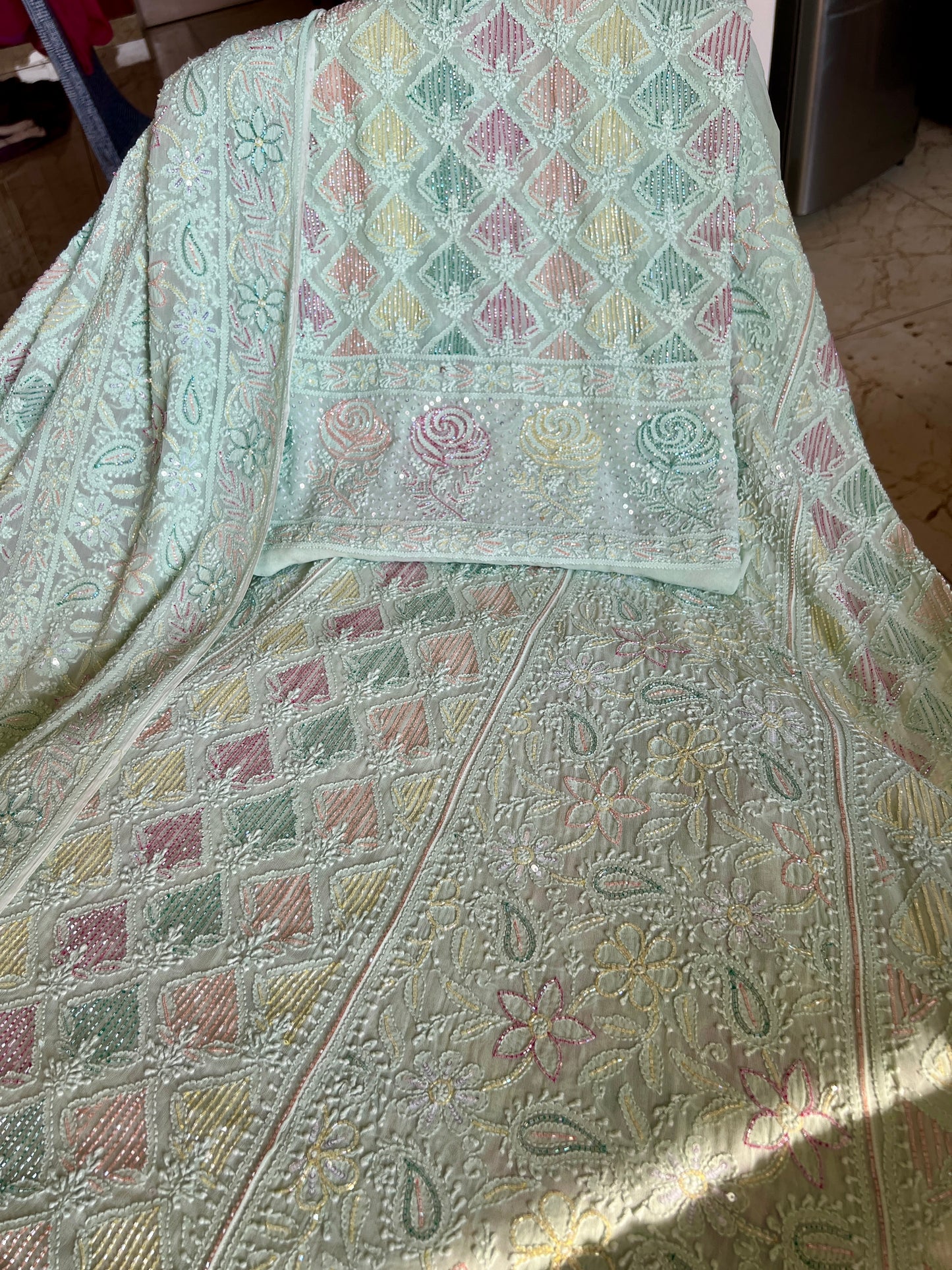 Mint green Chikankari multi Cut Dana Sequins Lehenga