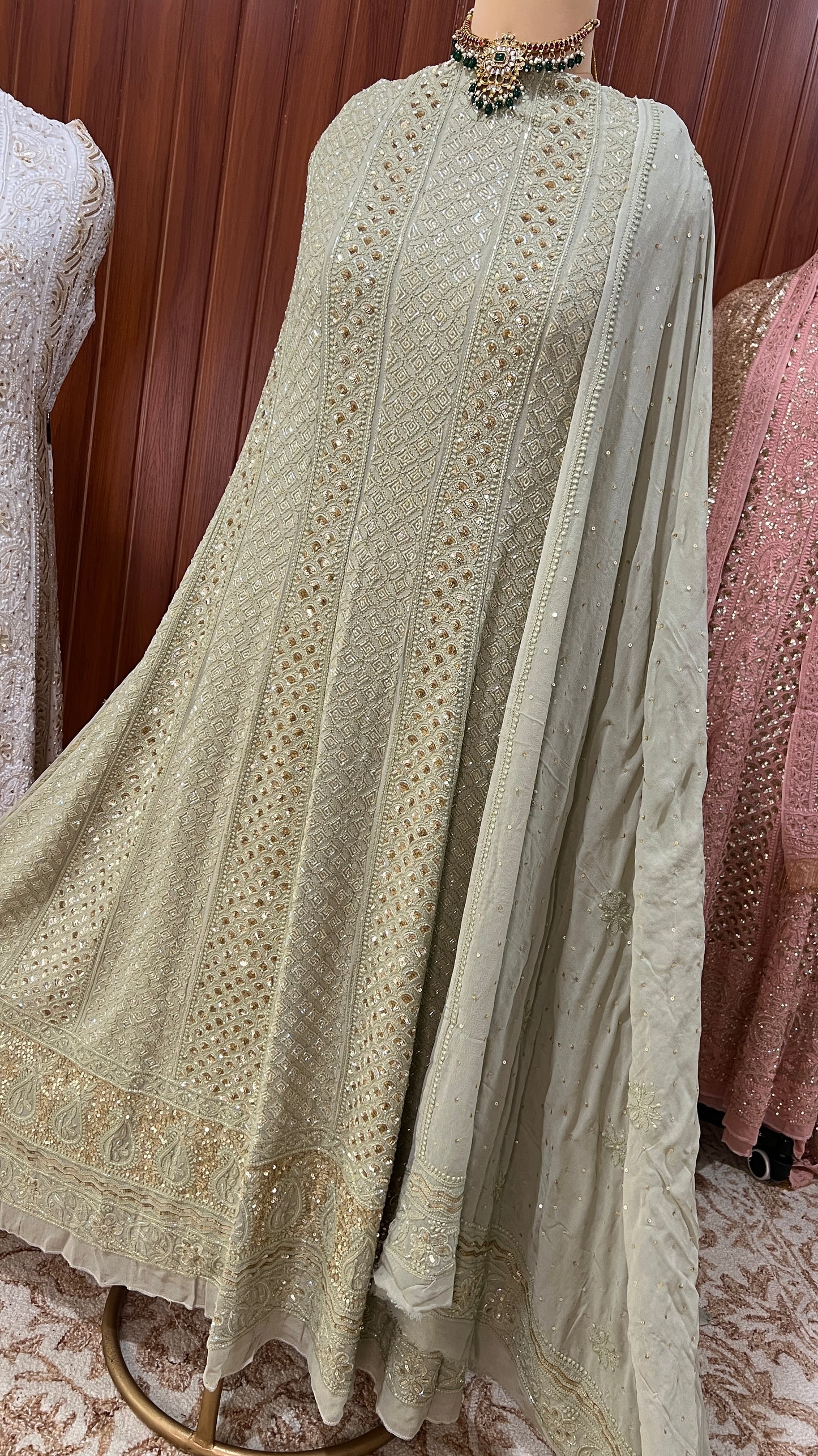 Ruhani Sage green Chikankari Sequins and Cut Dana Anarkali