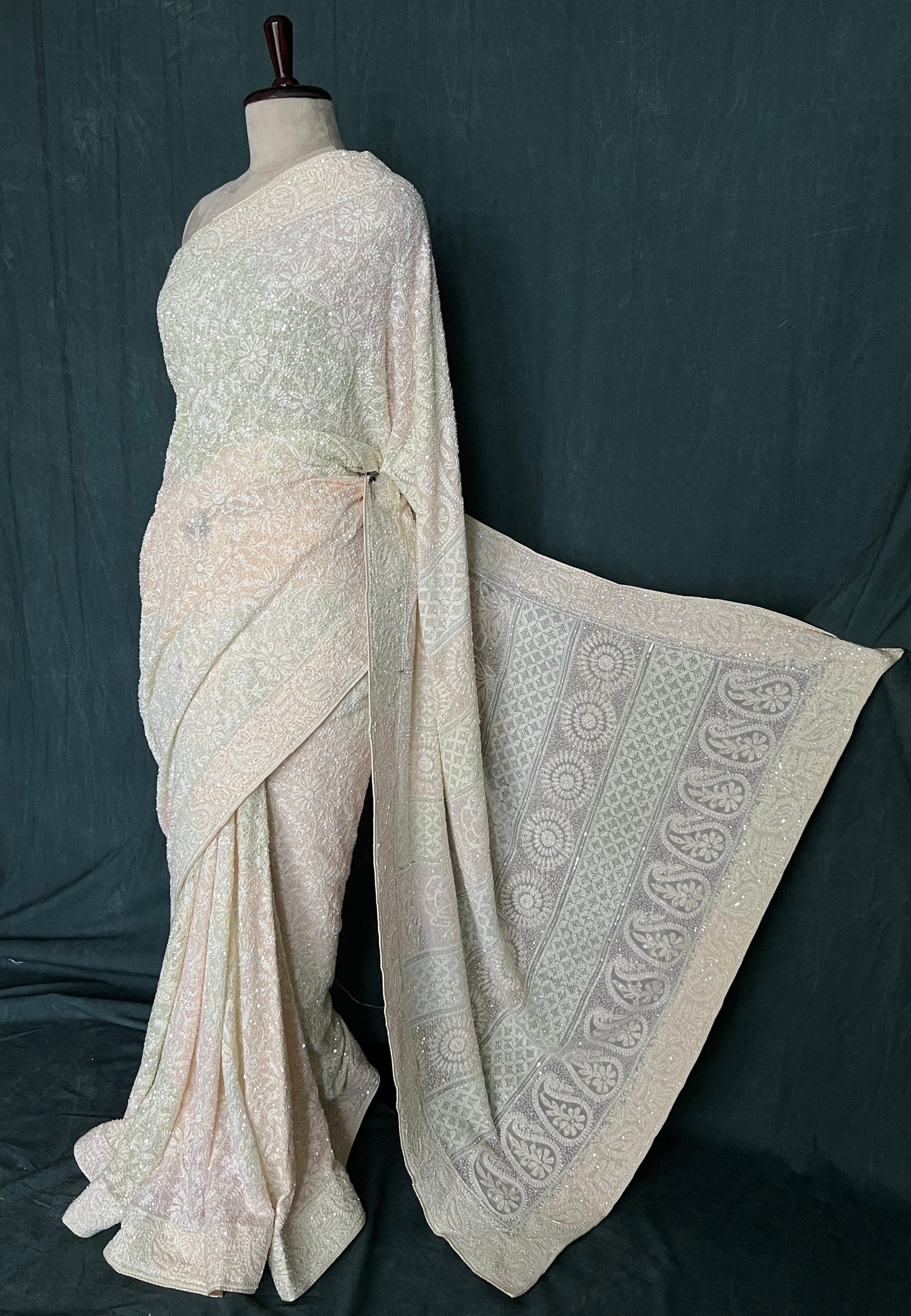 Ruhani Cream Chikankari Multi Cut Dana and Sequins Saree