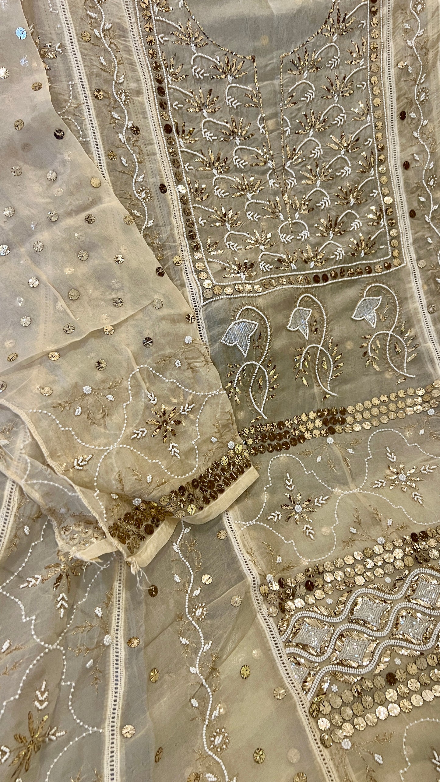 Pure Organza Anarkali with mukaish sequins and pearl work