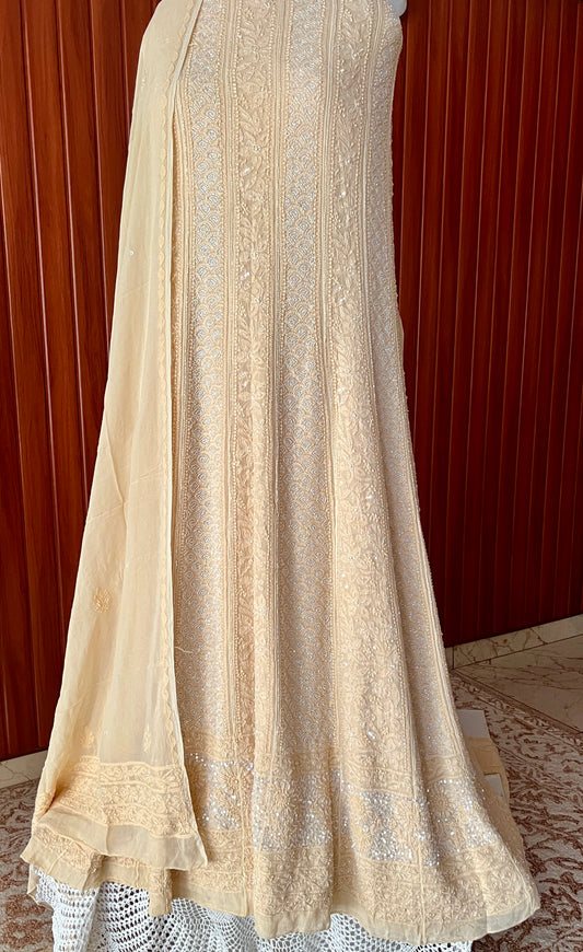Golden Beige Chikankari and Cut Dana Embroidered Anarkali with Dupatta