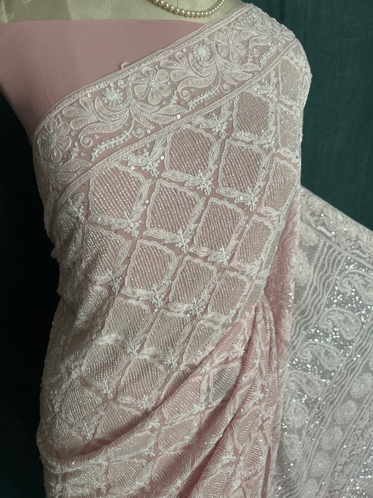 Ruhani Rose Quartz Chikankari and Cut Dana embroidered Saree