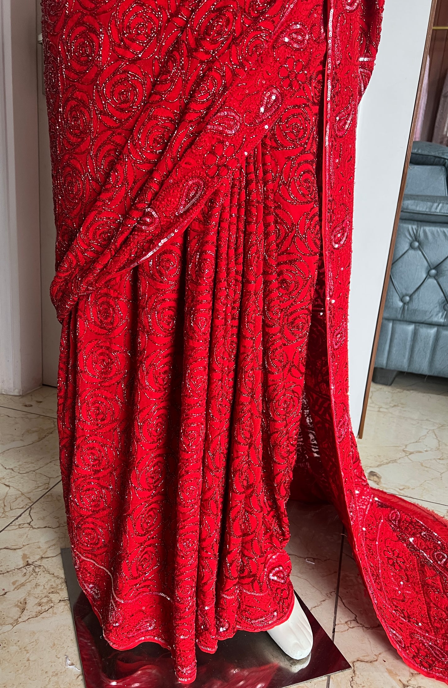 Red Gulaab Masterpiece Chikankari Cut Dana Sequins Saree