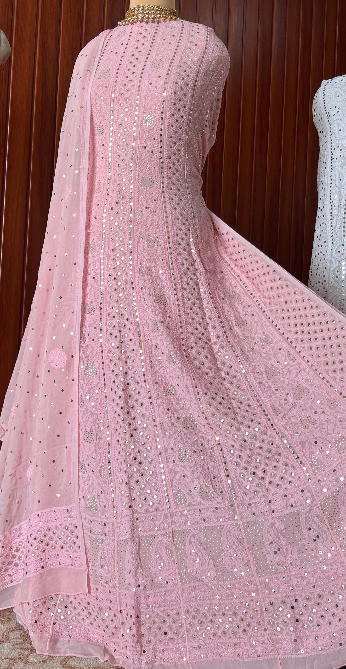 Pink allover Chikankari and mukaish anarkali with dupatta