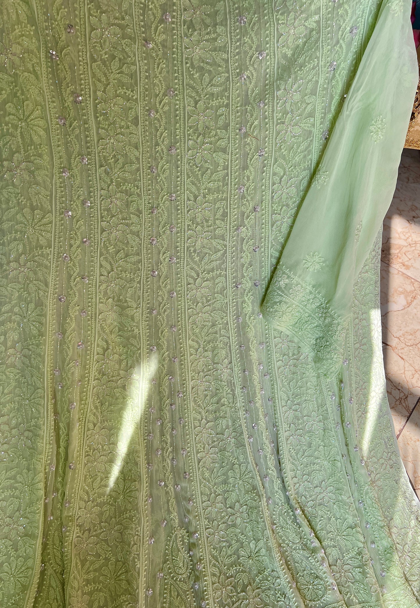 Pistachio Green Chikankari Sequins and Cut Dana Anarkali