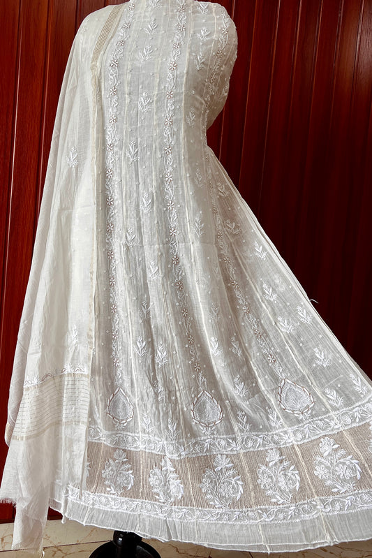 Mul Chanderi Anarkali with chikankari and pearl work