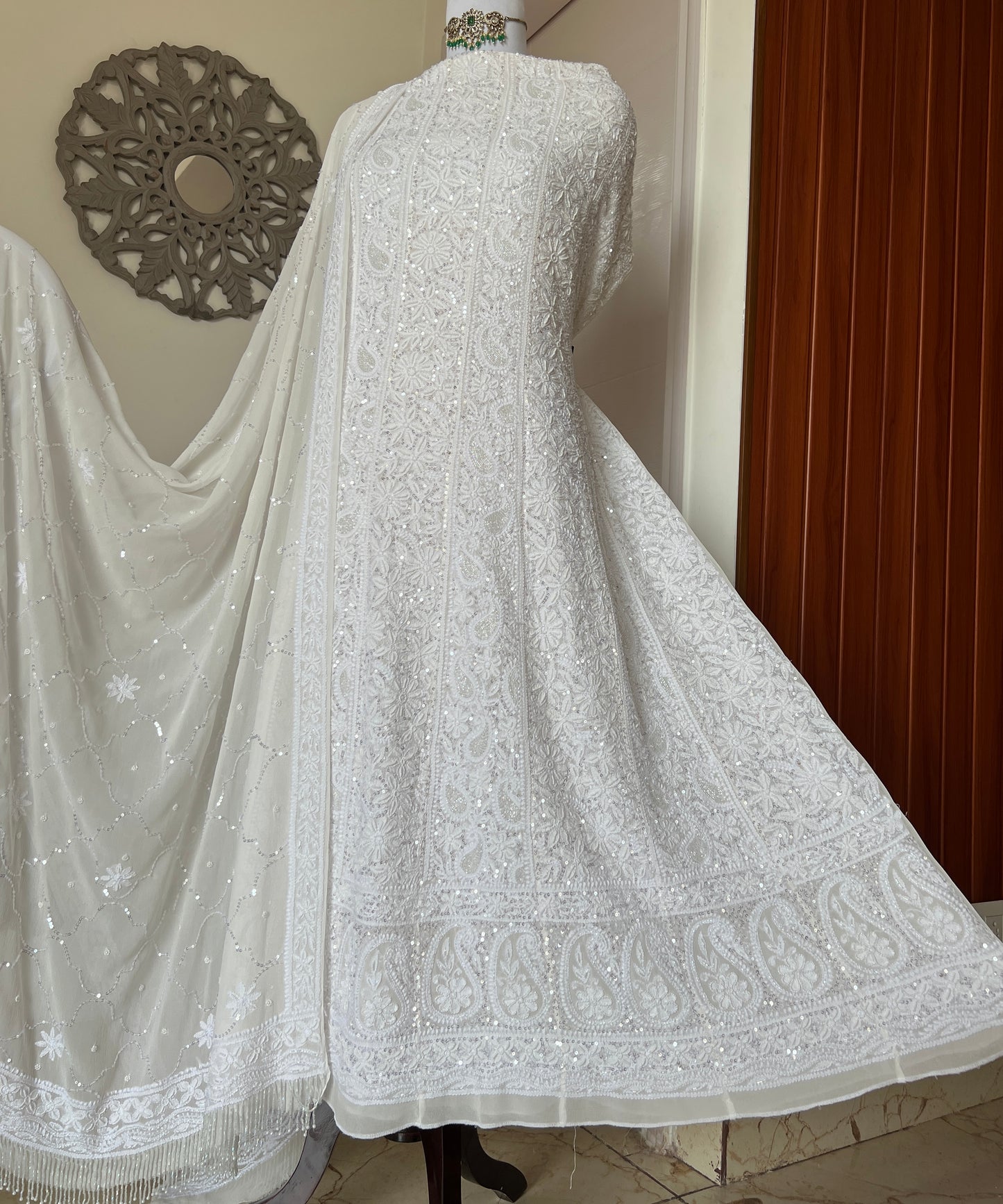 Ruhani Off white Chikankari sequins pearl cut Dana Anarkali