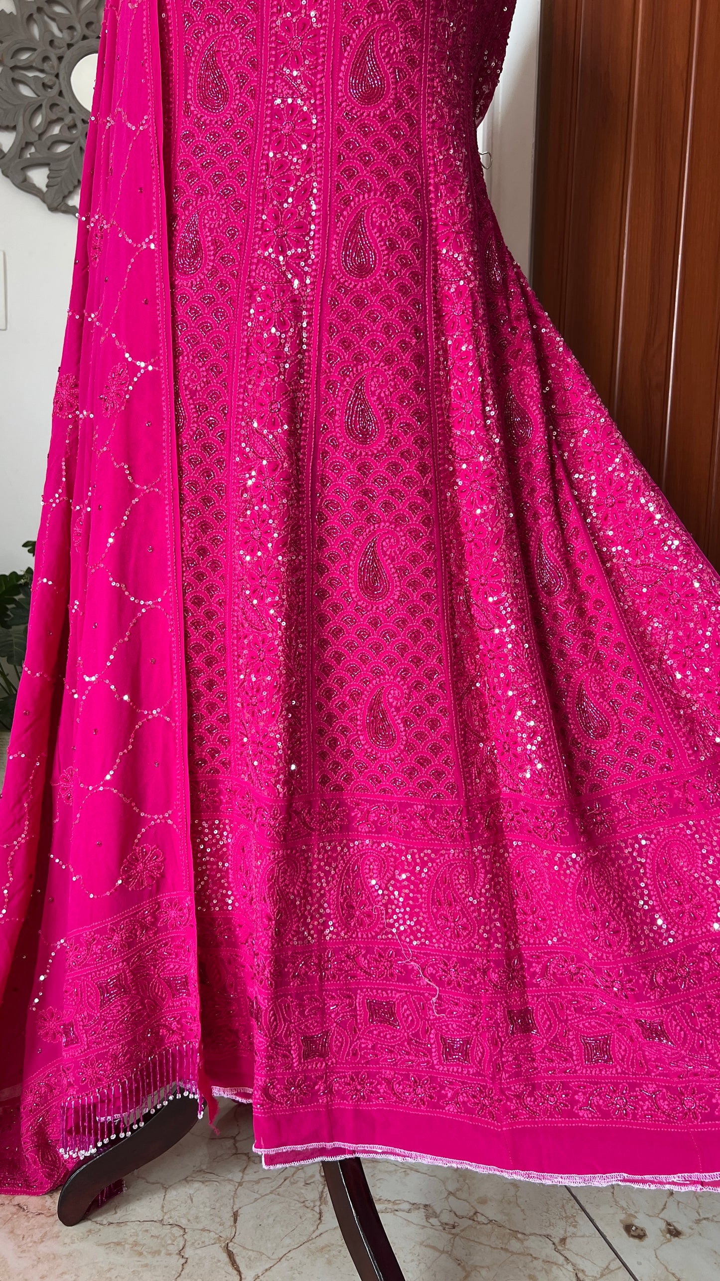 Ruhani Fuchsia Pink Chikankari sequins cut Dana Anarkali
