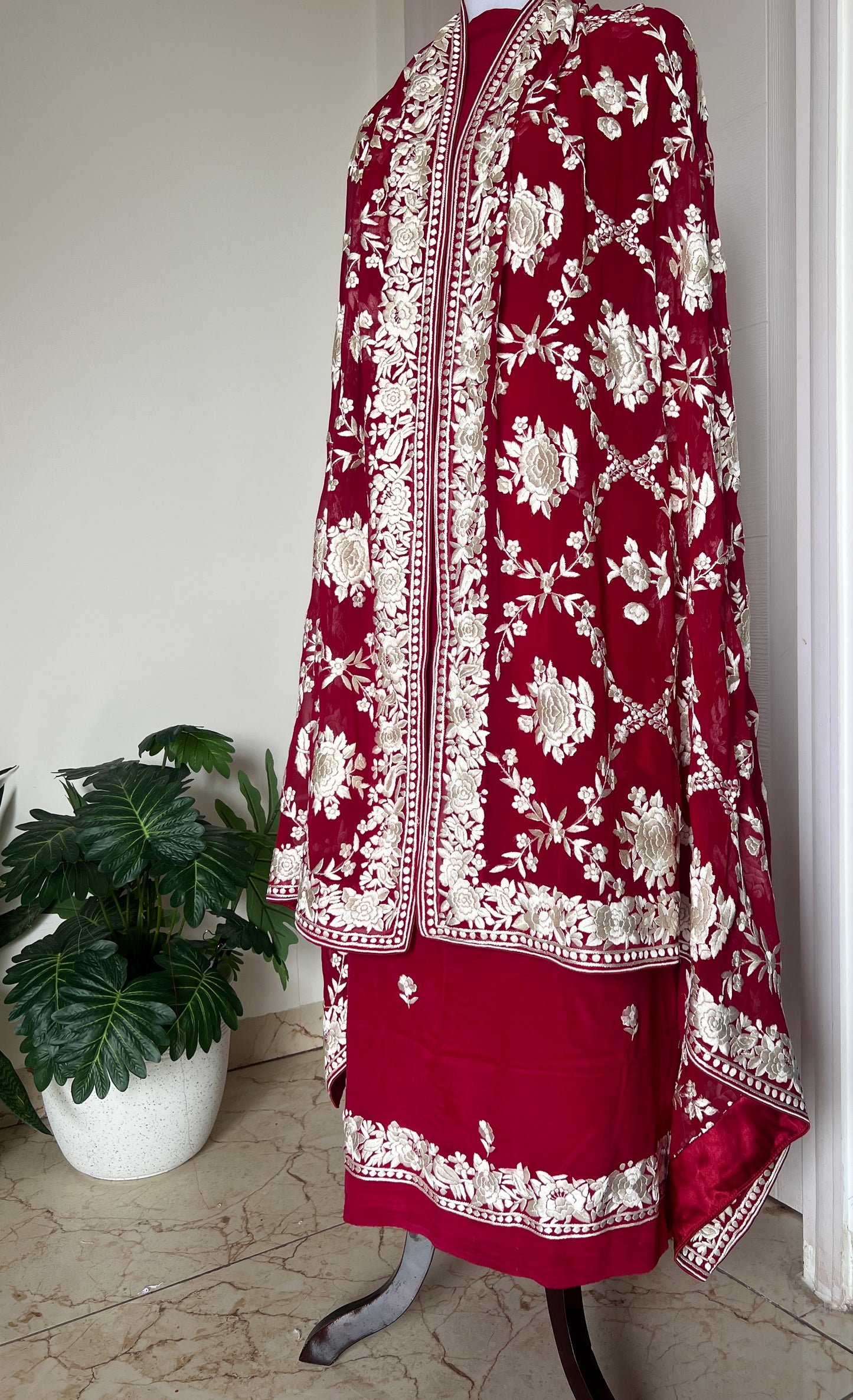 Ruby Red Masterpiece Hand Embroidered Parsi Gara full Suit
