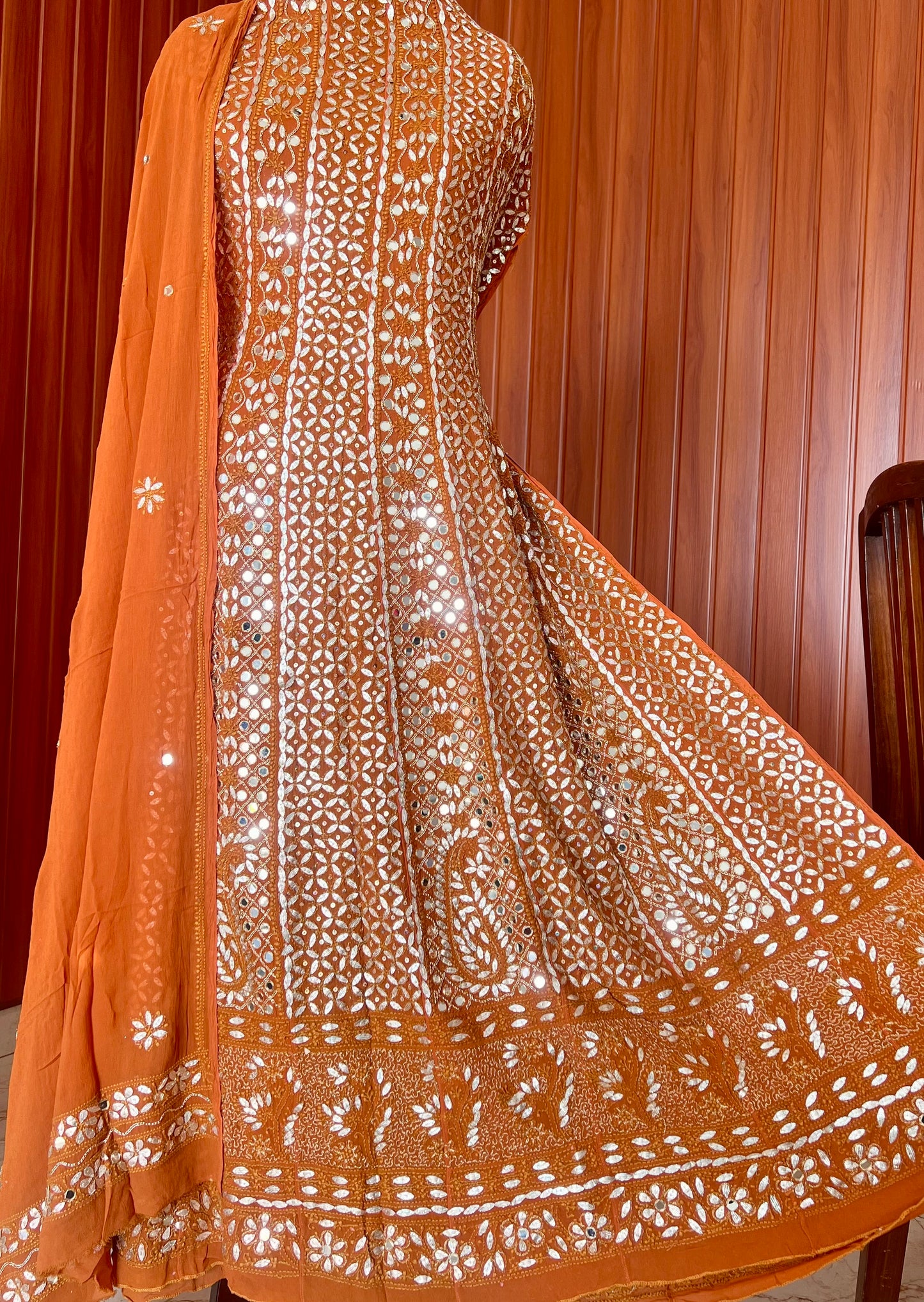 Rust Orange Chikankari Mirror Gota Sequins Work Anarkali with Dupatta