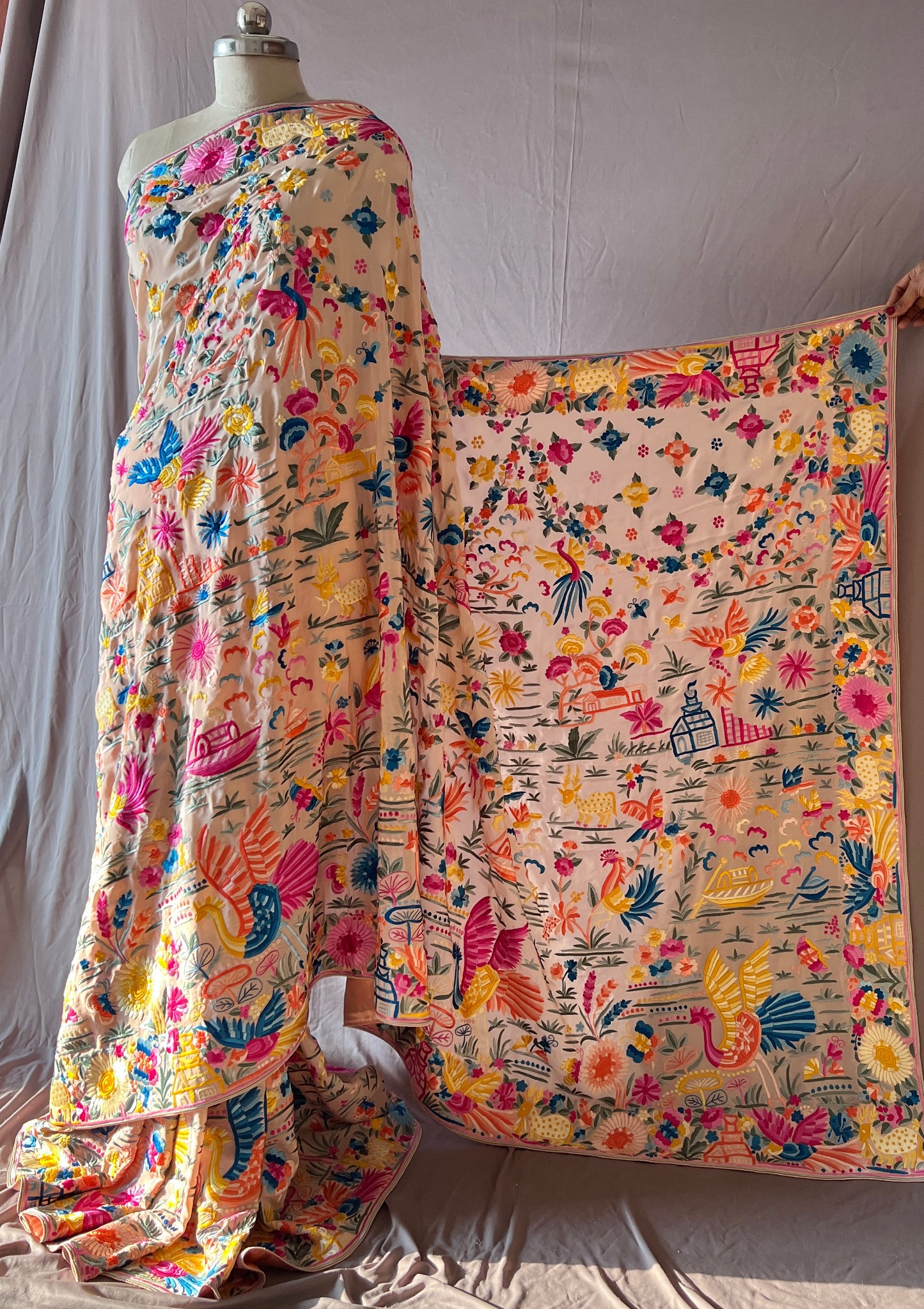 Flora and Fauna Parsi Gara Allover Hand Embroidered Saree on Pure Crepe