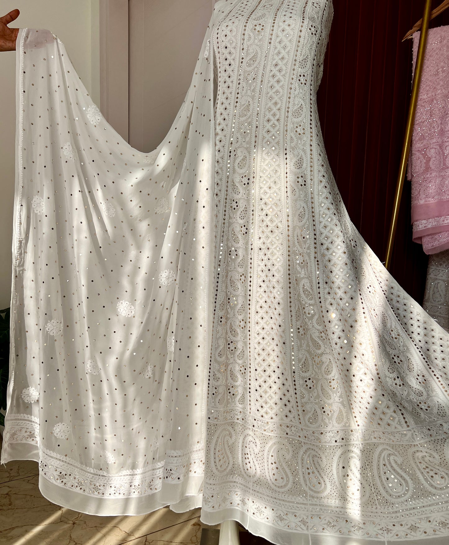 White allover Chikankari and mukaish anarkali with dupatta