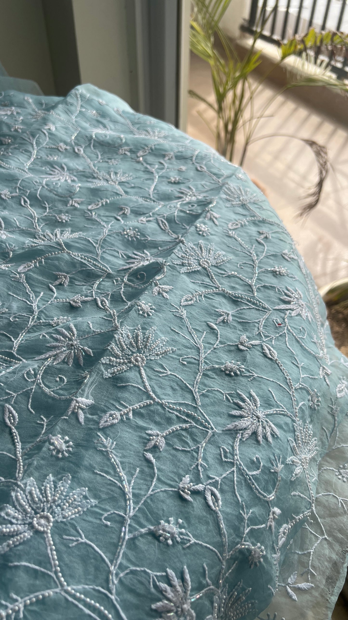 Sky blue chikankari pearl cut Dana work pure Organza kurta with dupatta