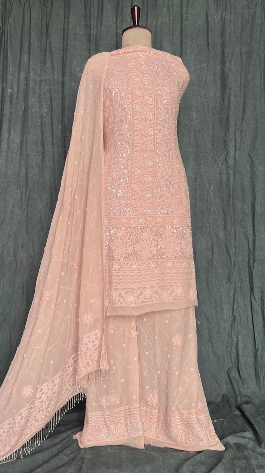 Blush peach Chikankari cut dana and sequins work full suit