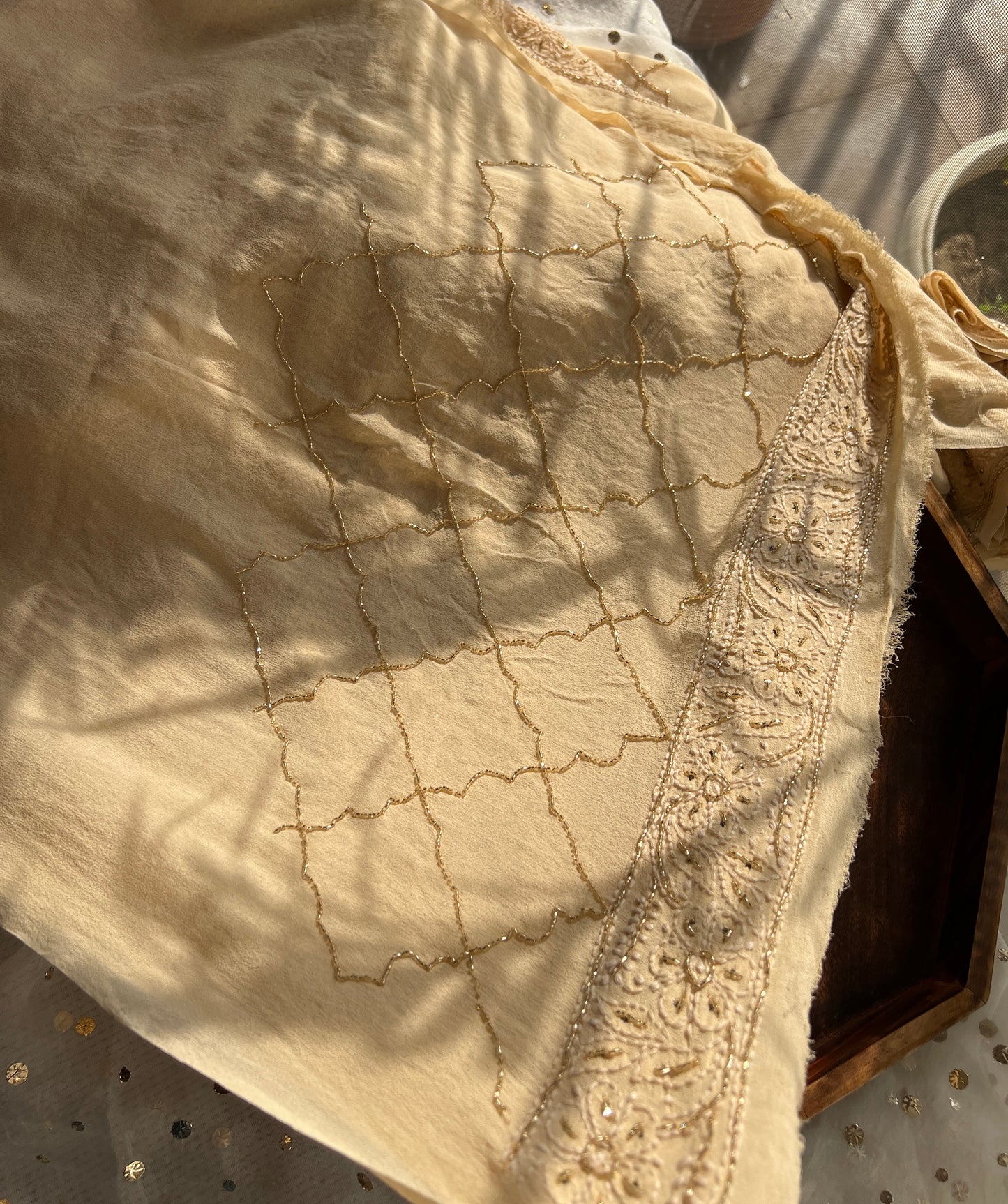 Ruhani Golden Chikankari Cut Dana and sequins Saree