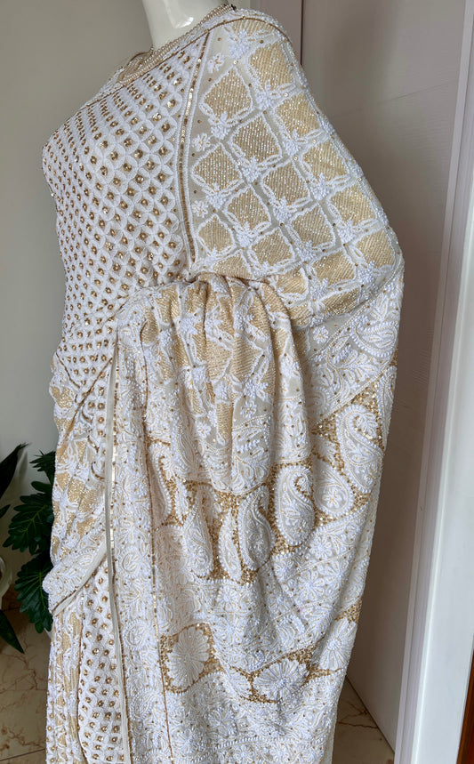 Ruhani Off white Chikankari Sequins Cut Dana Pearl Embroidered Saree