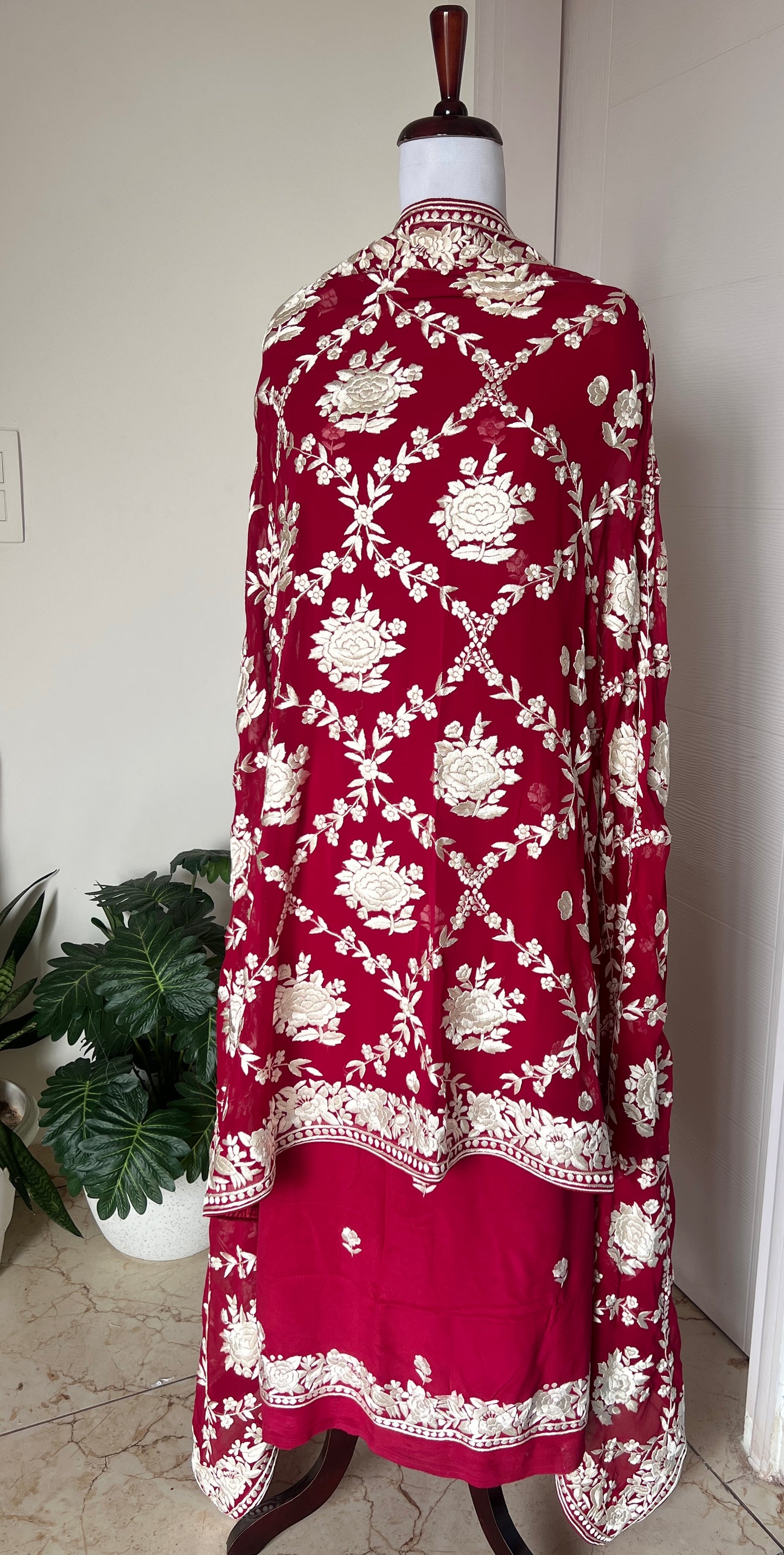 Ruby Red Masterpiece Hand Embroidered Parsi Gara full Suit