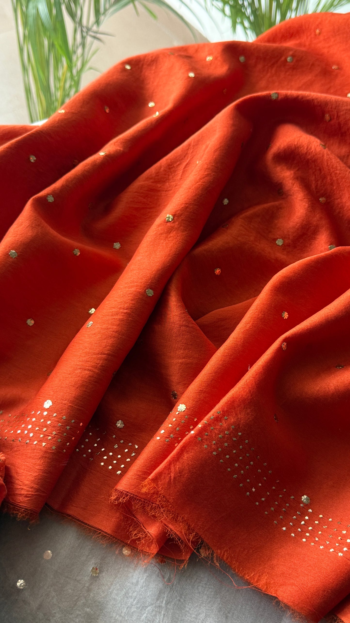 Rust Orange Allover Heavy Mukaish Chanderi Silk Anarkali with Dupatta