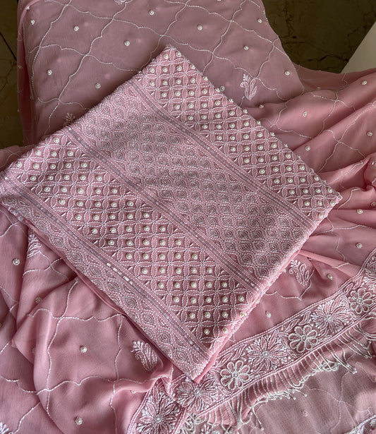 Rose Pink Chikankari cut dana pearl and sequins work kurta and dupatta