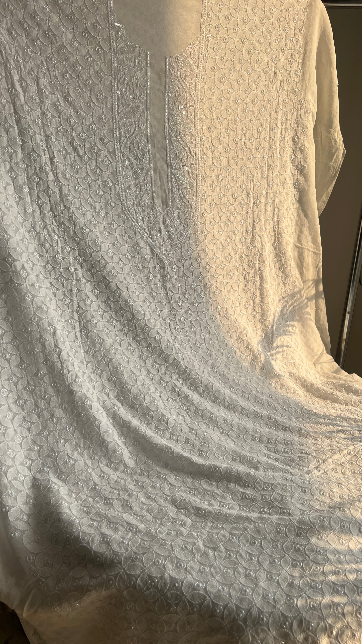 Ivory Pure Georgette Allover Chikankari and Cut dana sequins Men's Kurta Fabric