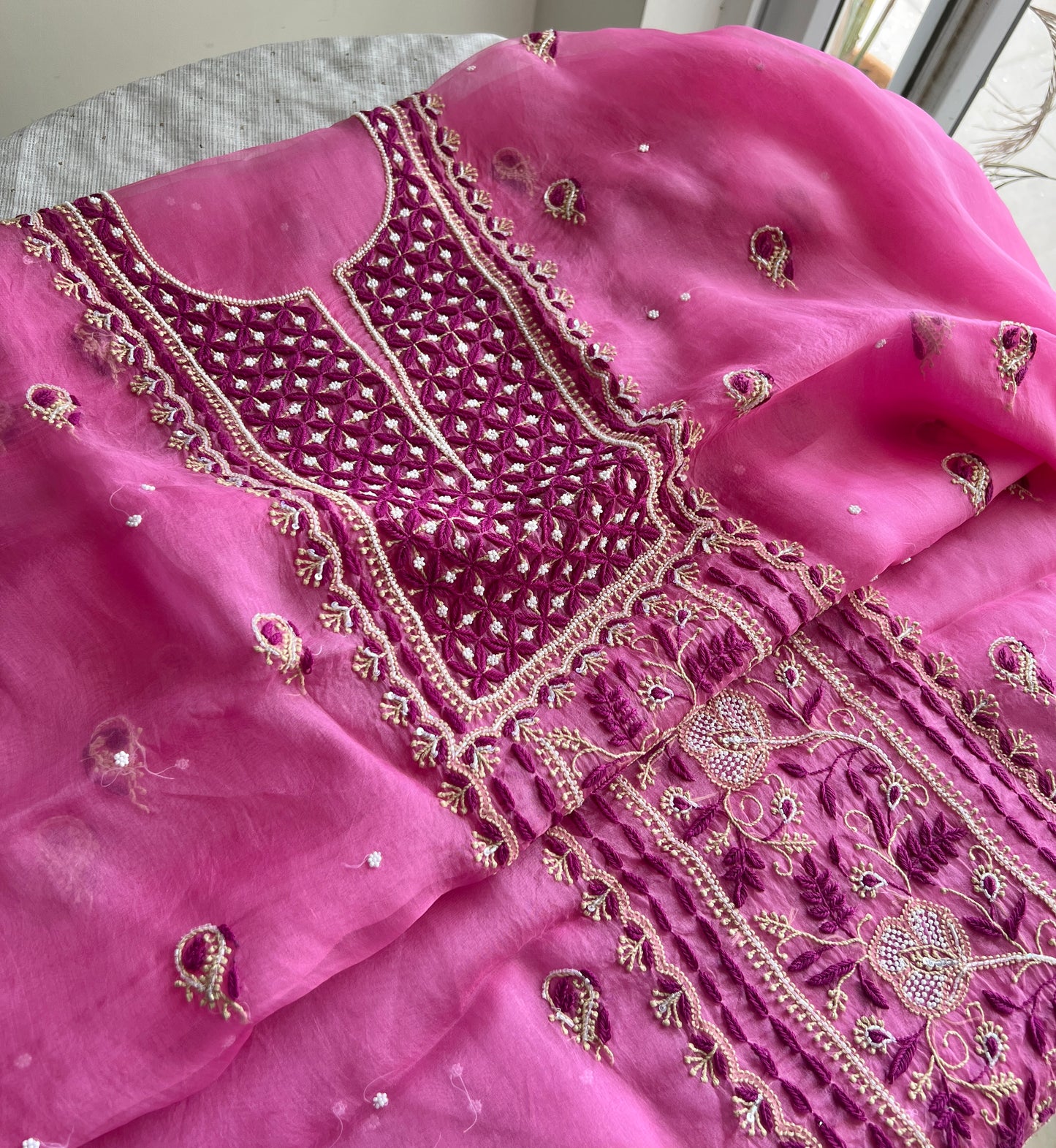 Mauvish pink Chikankari pearl sequins pure Organza kurta with dupatta