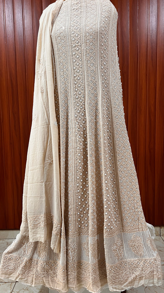 Beige Chikankari Cut Dana and pearl Anarkali with Dupatta