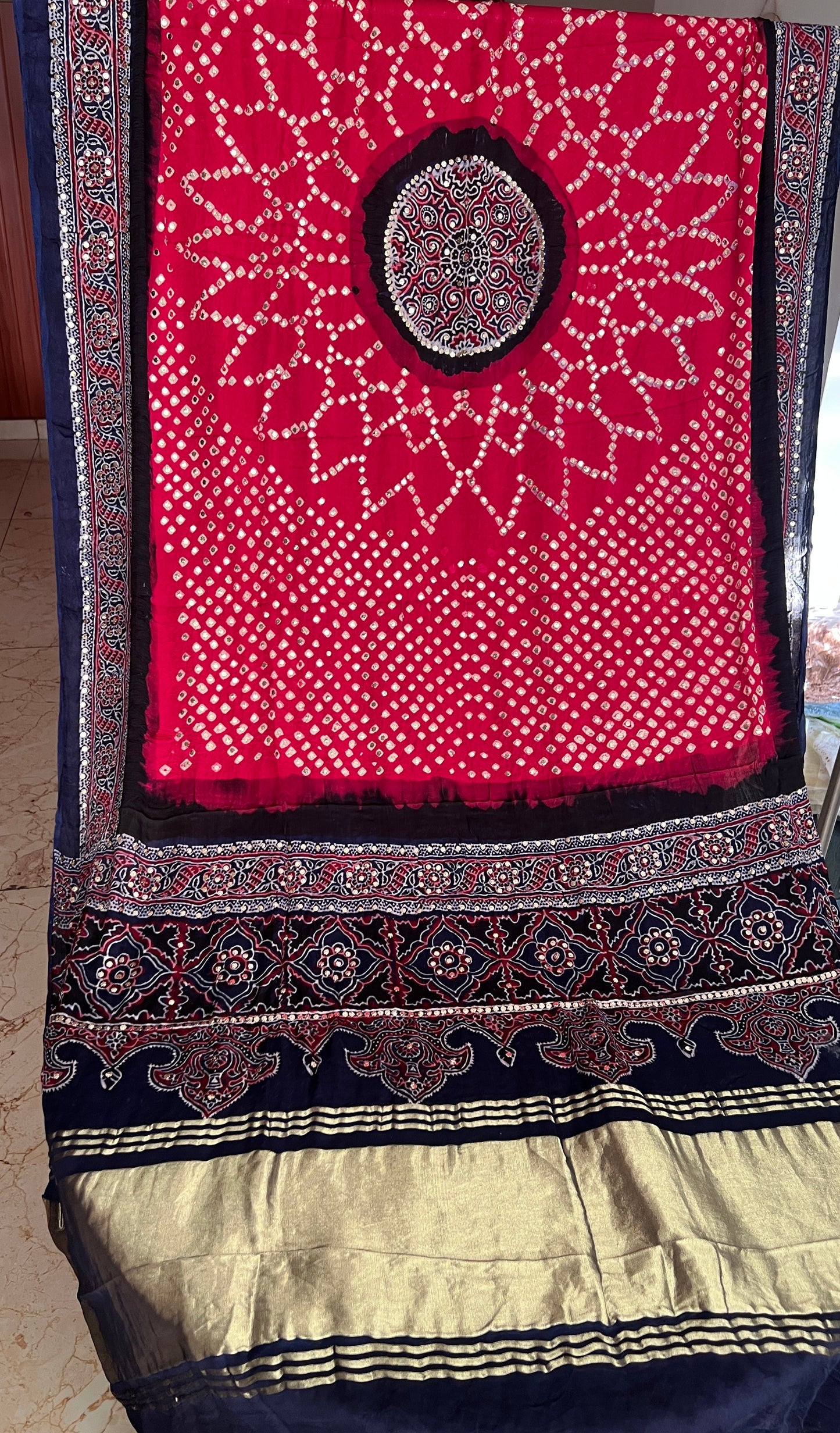 Blue & Magenta modal silk ajrakh and bandhej dupatta with heavy mukaish