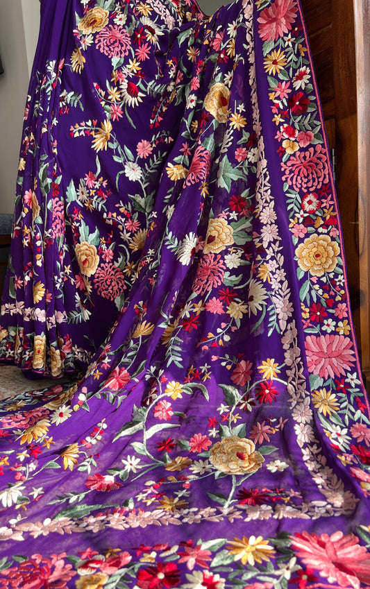 Aubergine purple floral Masterpiece Parsi Gara Pure Georgette Saree