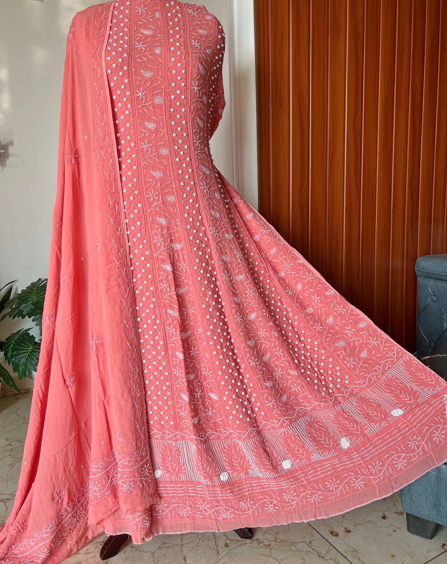 Coral peach Chikankari Cut Dana pearl Anarkali