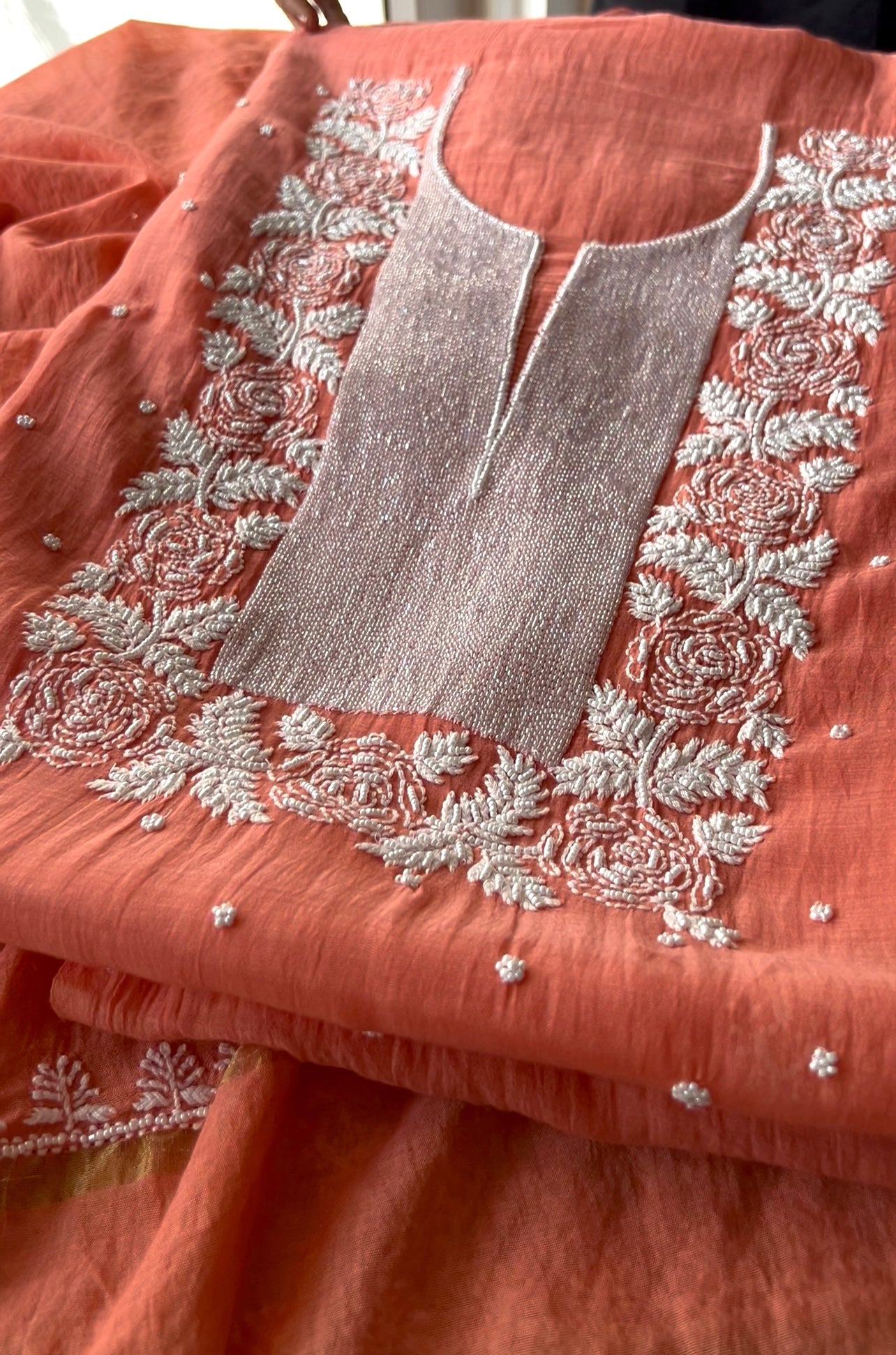 Coral orange pearl and sequins Kurta and Dupatta