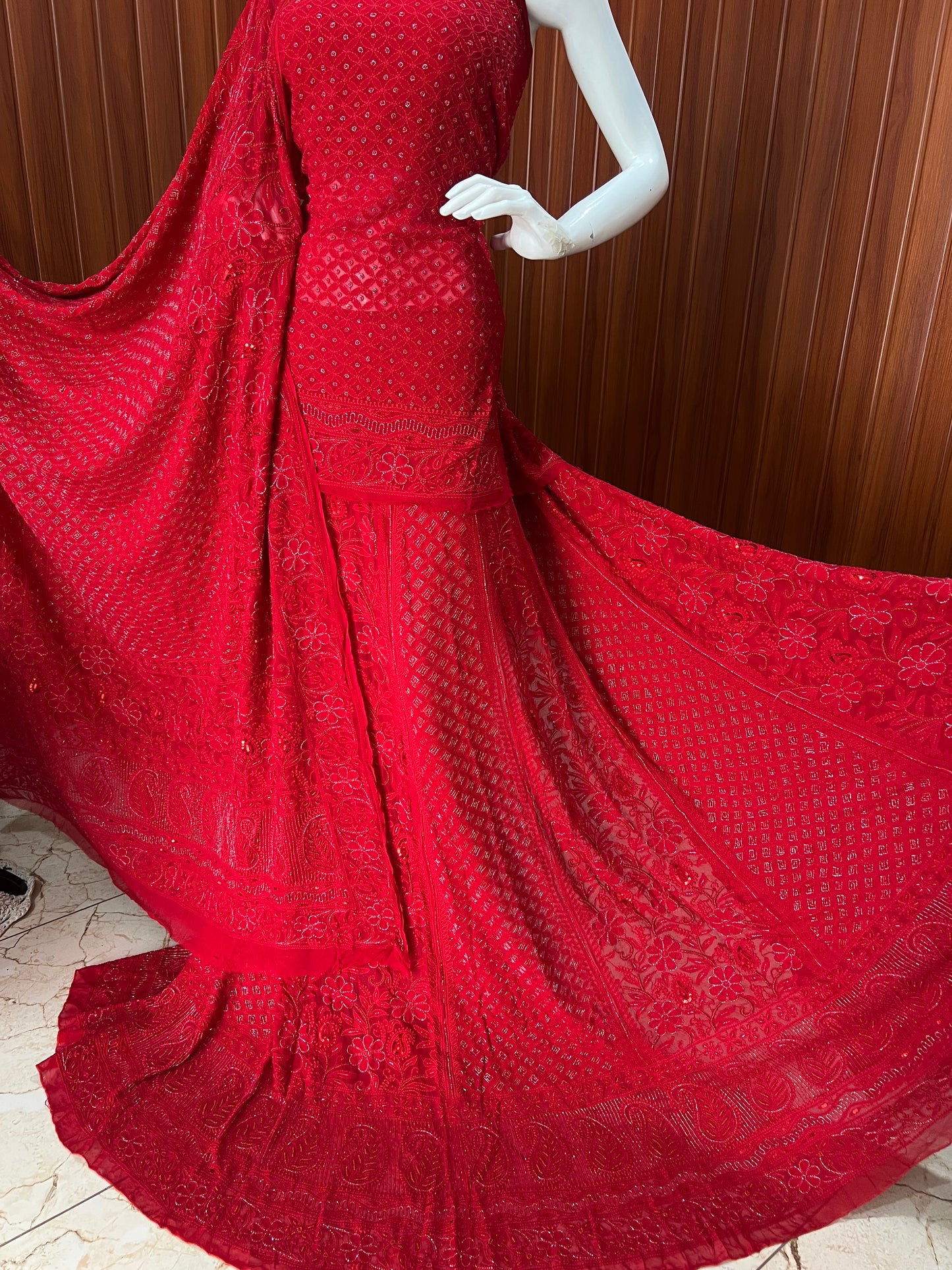 Ruhani Surkh Laal Chikankari Cut Dana Sequins Wedding Lehenga