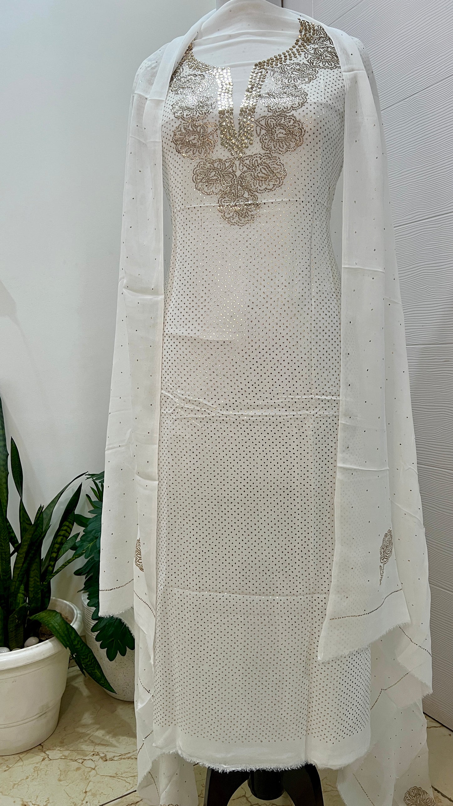 White bareek mukaish work Kurta and Dupatta