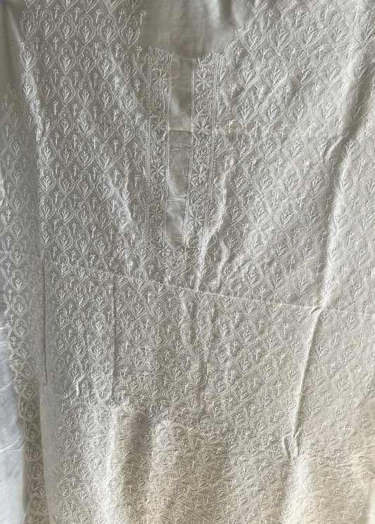 Chanderi Silk Men's Kurta fabric with fine Chikankari