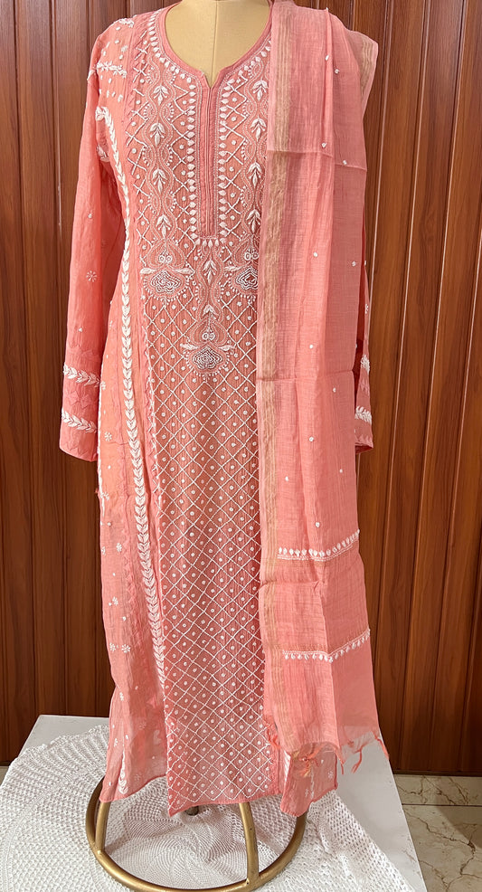 Coral Mul chanderi Chikankari pearl embroidered kurta and dupatta