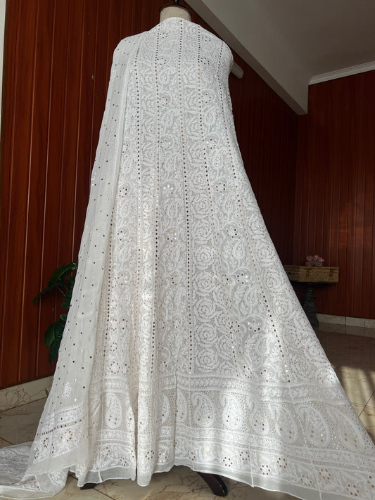 White allover Chikankari and mukaish anarkali with dupatta