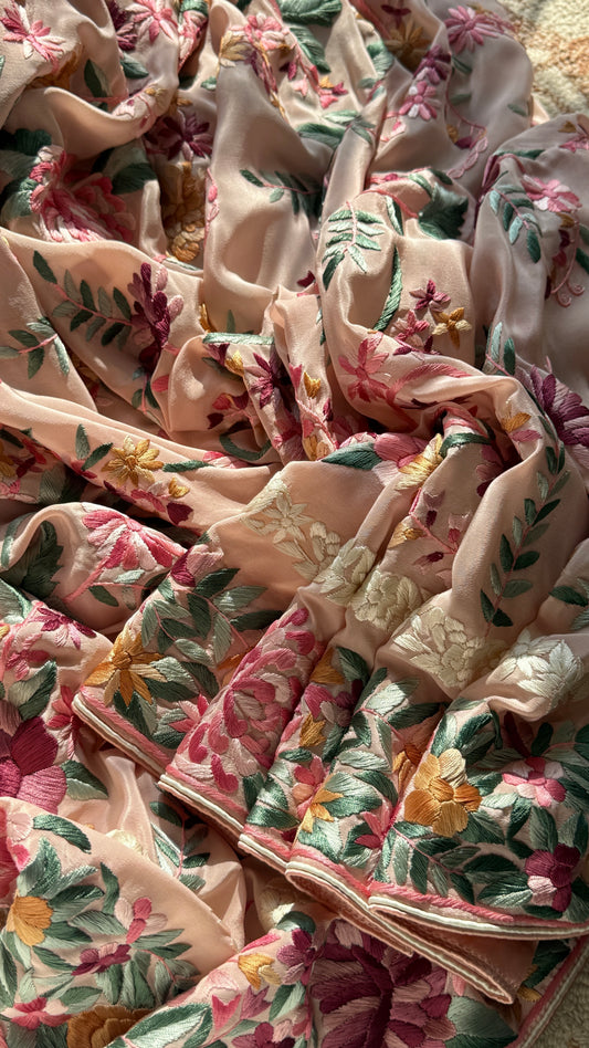 Blush Peach floral Masterpiece Parsi Gara Pure Crepe Saree