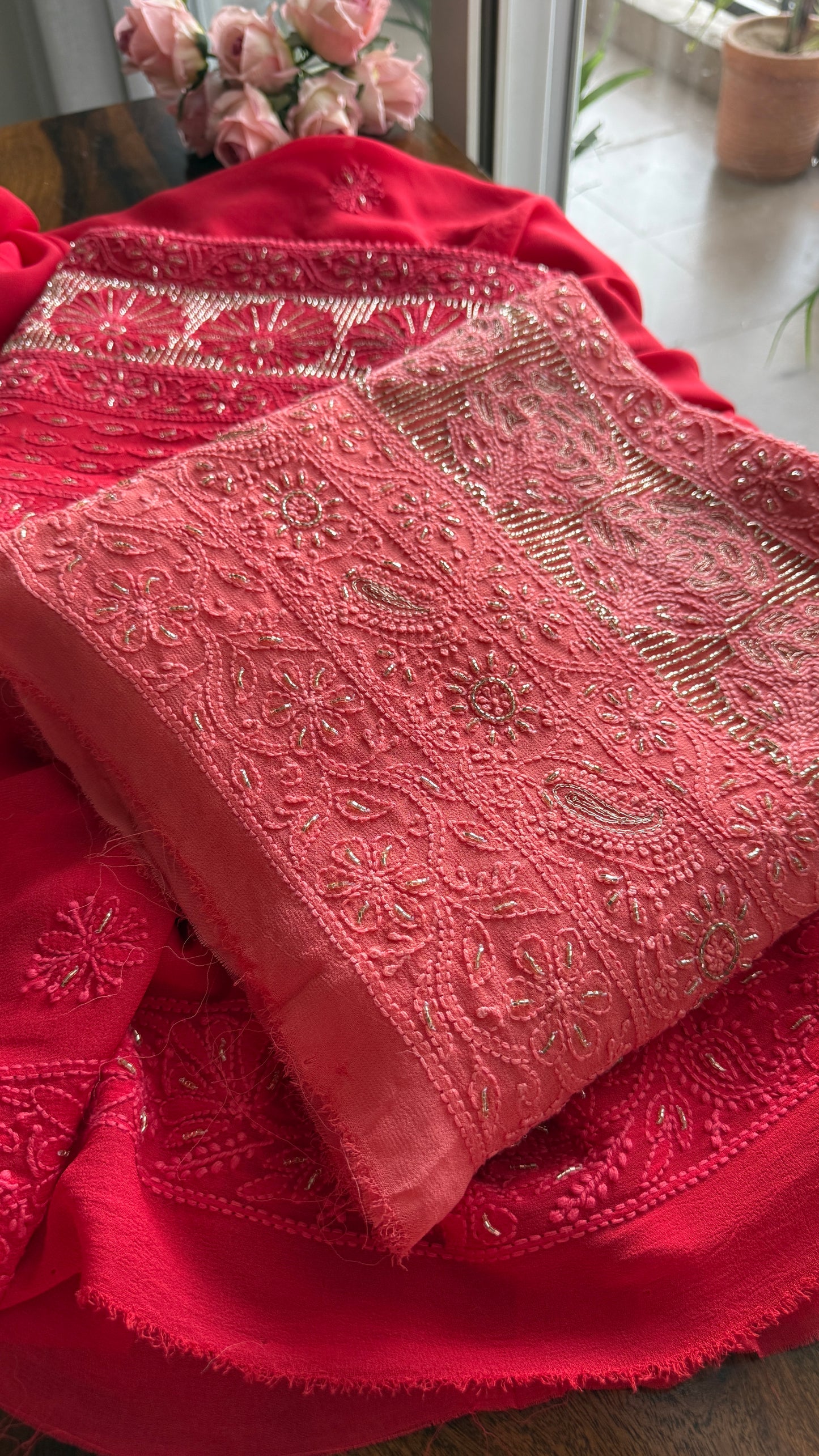 Coral Chikankari golden Cut Dana and aari work Kurta and Dupatta
