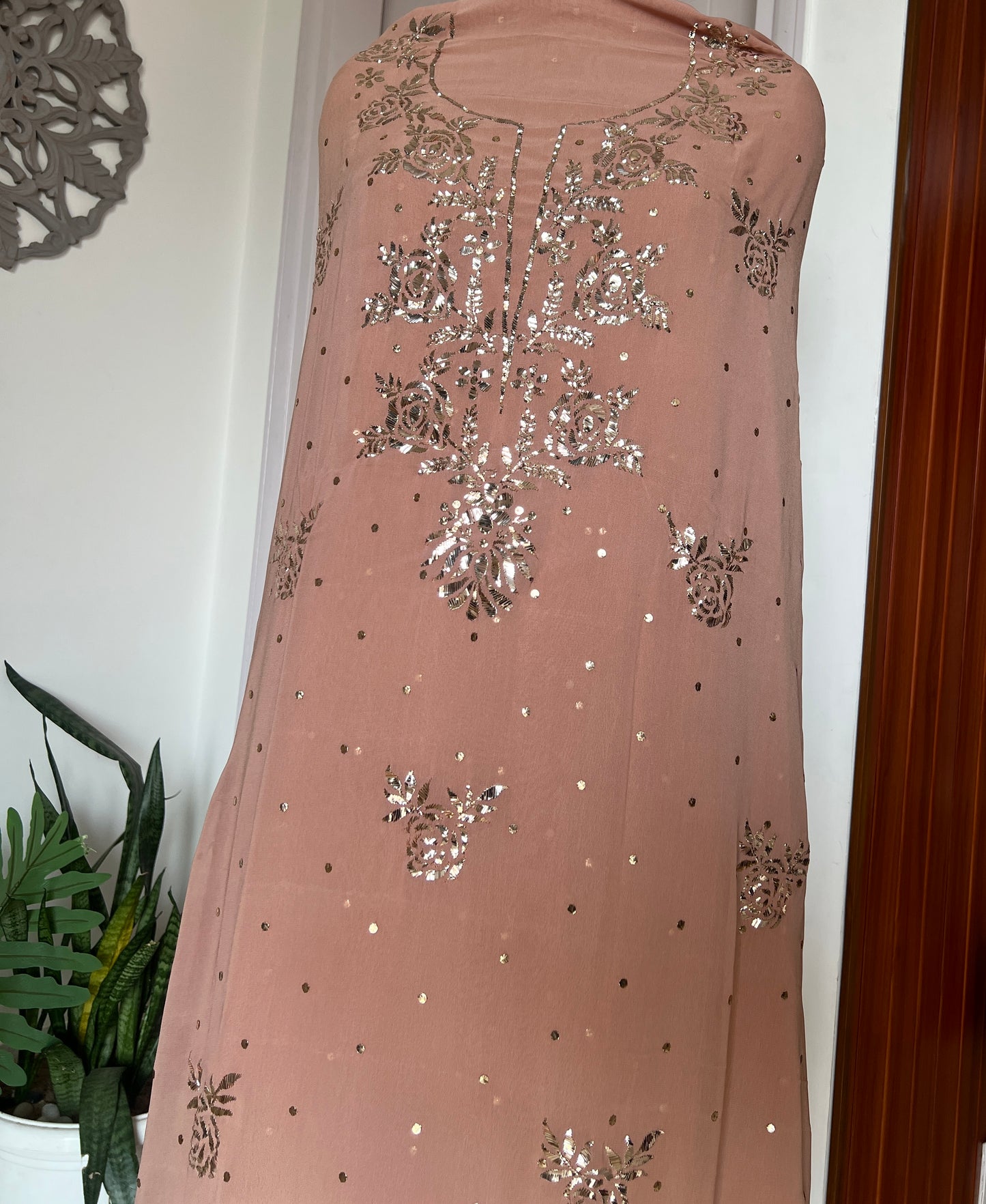 Dusty Rose badla and mukaish work Kurta and Dupatta