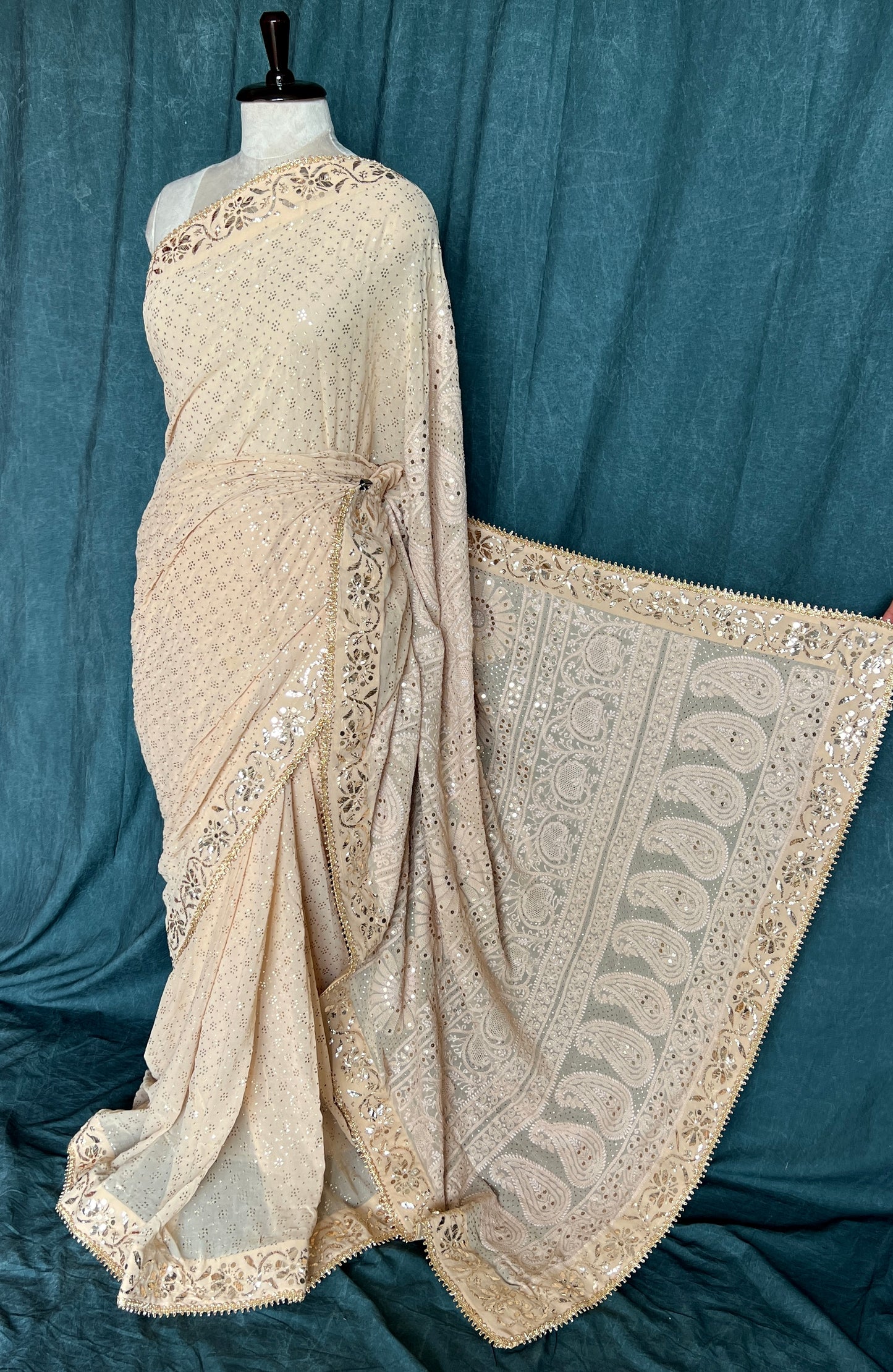Ruhani Golden Beige Badla Mukaish and chikankari Pure Georgette Saree