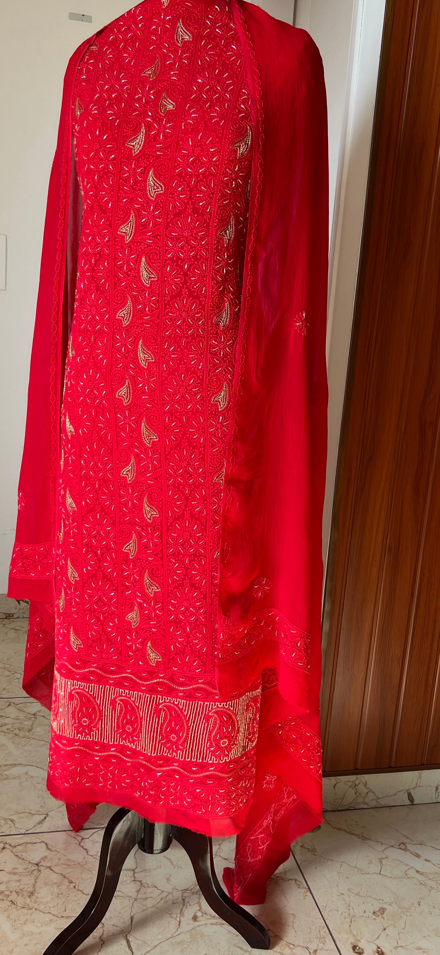 Red Chikankari golden Cut Dana and aari work Kurta and Dupatta