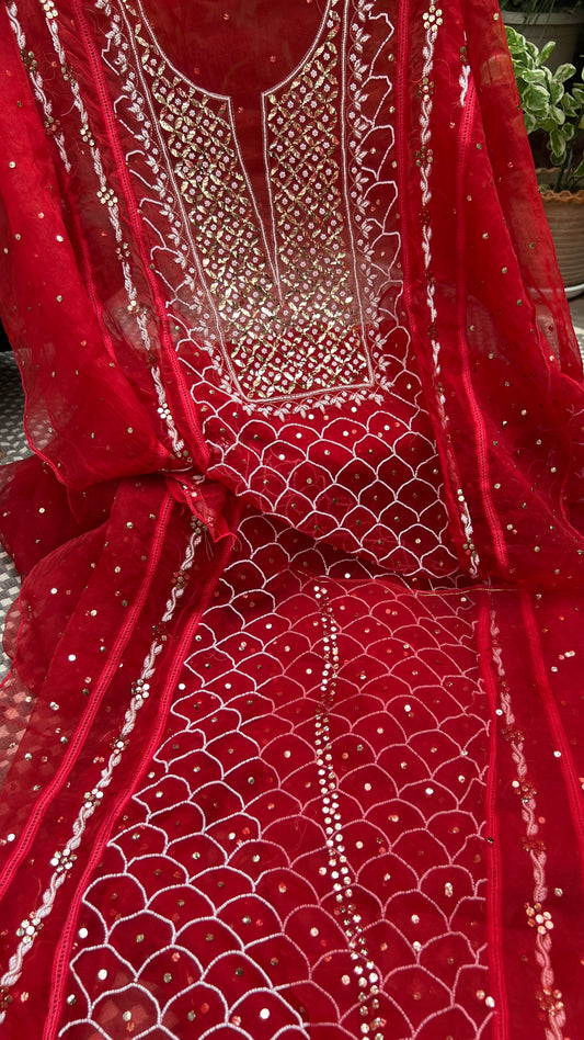 Red Mukaish Pearl work Pure Organza kurta with dupatta