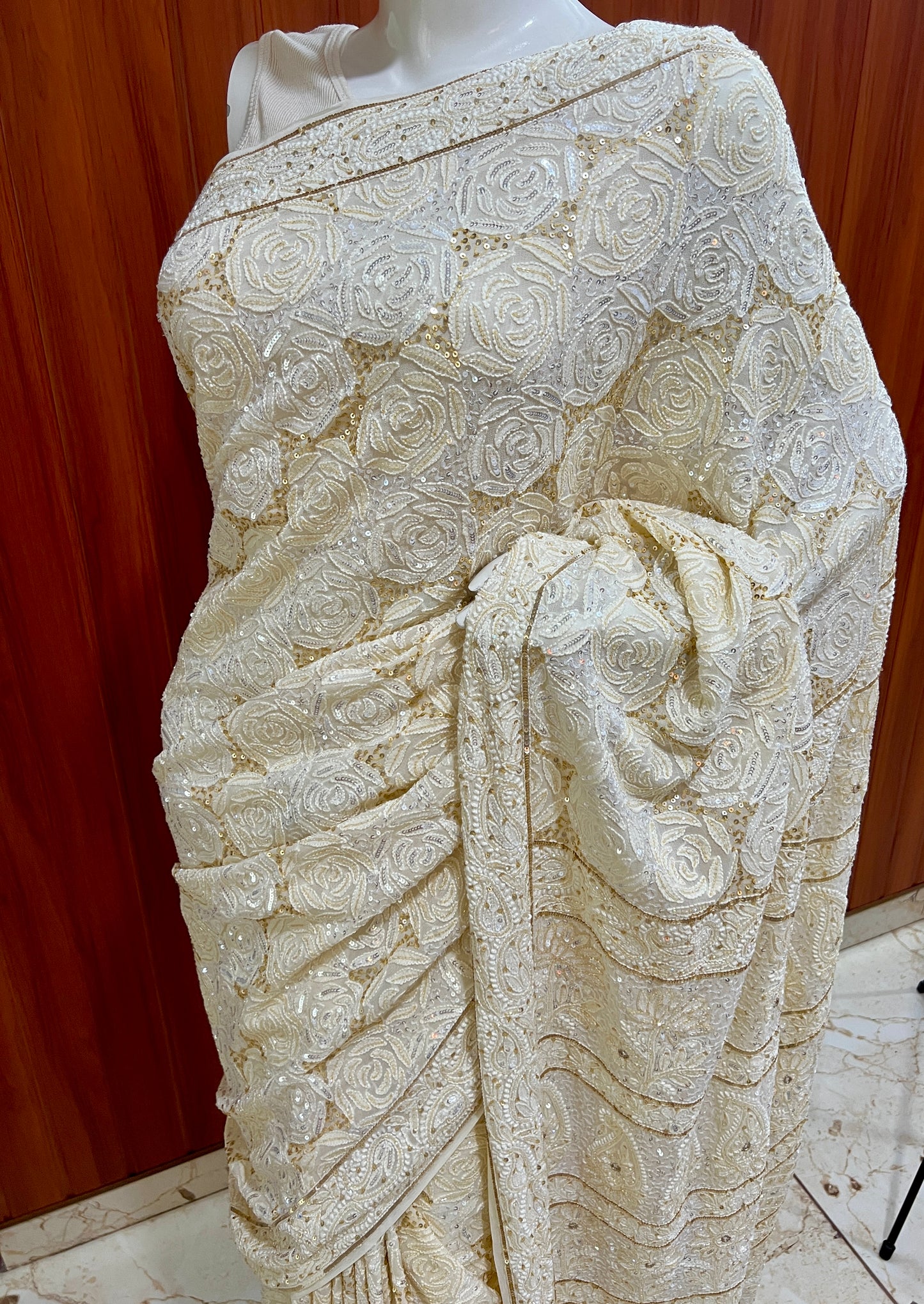 Ruhani Ivory Chikankari Sequins Cut Dana Embroidered Masterpiece Saree