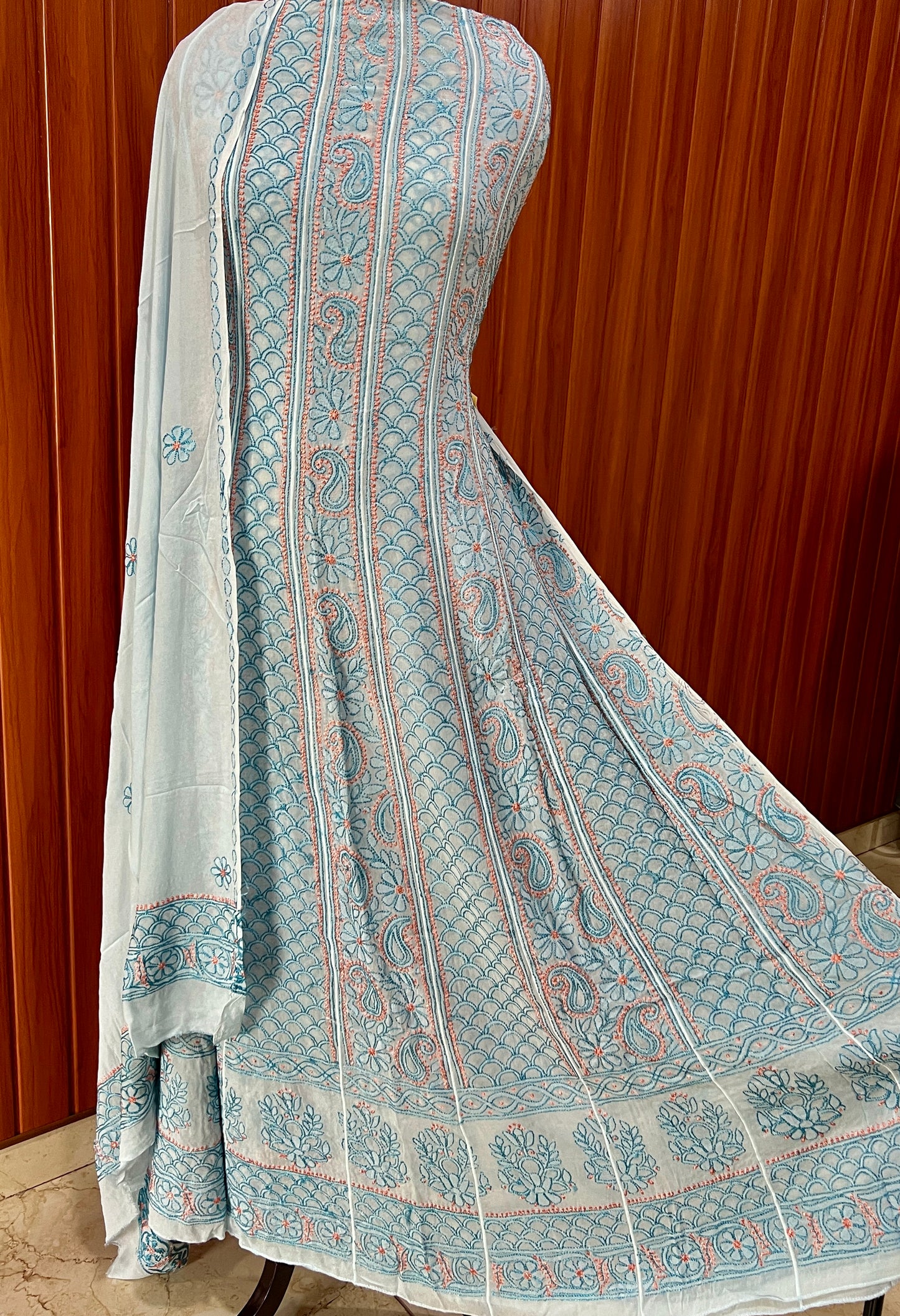 Sky Blue Resham Chikankari Embroidered Anarkali with Dupatta