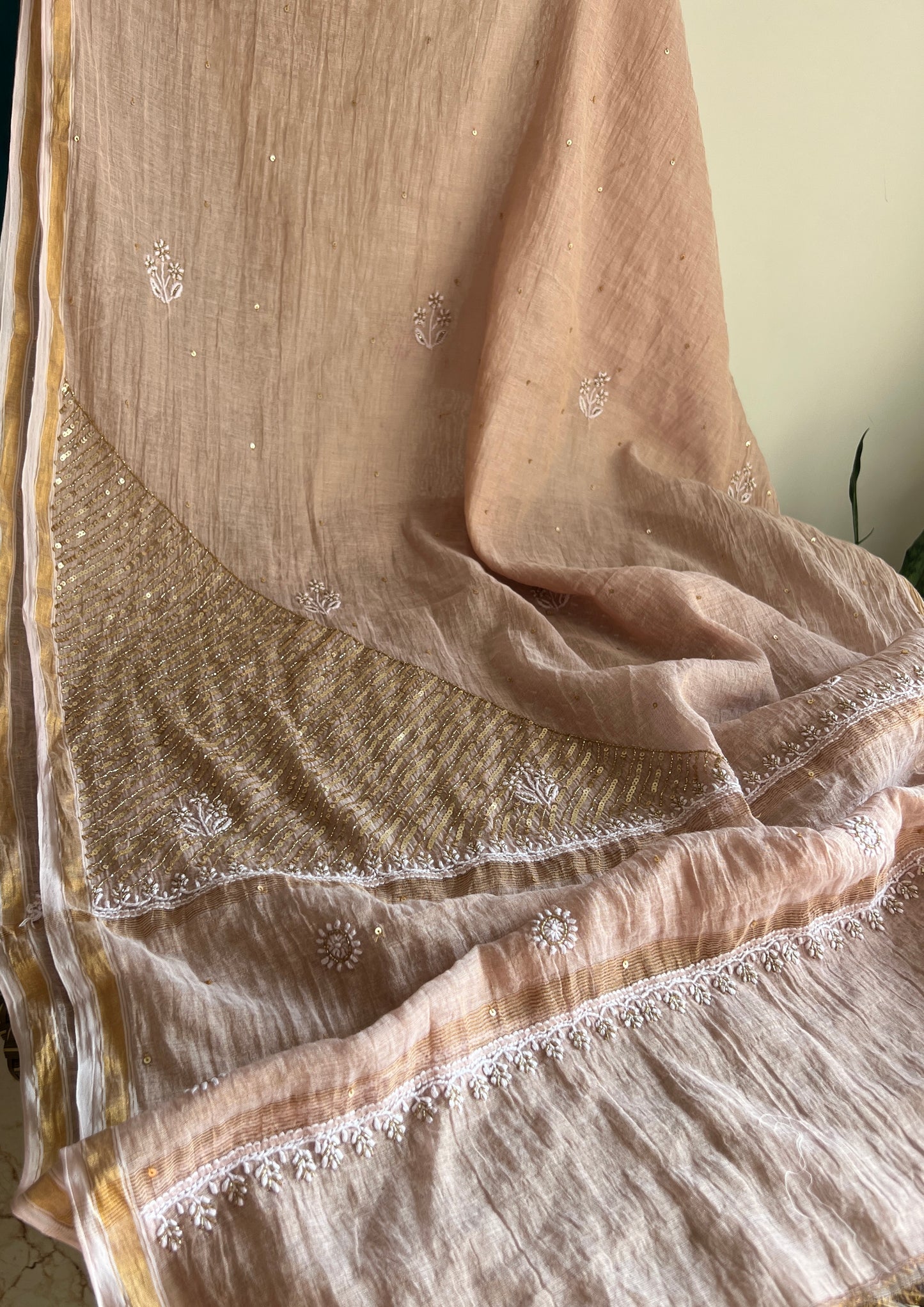Tissue Silk Chikankari golden cut dana sequins kurta and dupatta