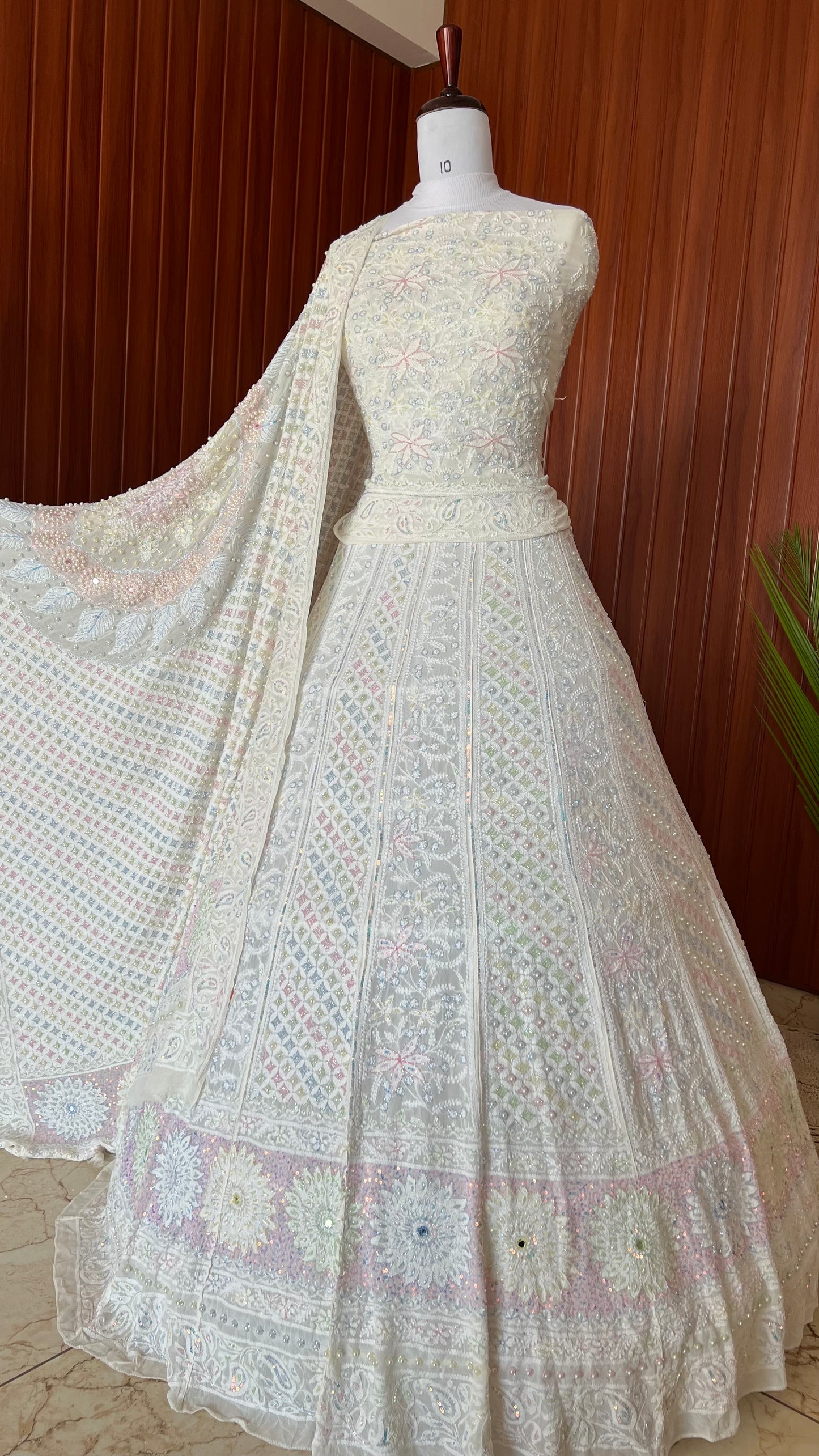 Ruhani Ivory Chikankari Mirror Multicolored Cut Dana Sequins Wedding Lehenga